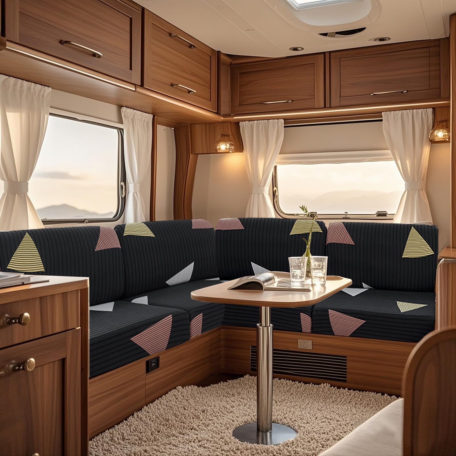 UNBBRRL Fit Stretch Caravan Seat Cover, Non Slip Elastic Fabric Printed Pattern RV Dinette Cushion Cover, Protector for Motorhome Sofa Bench with 4 Straps (black triangle,Chaise Longue)