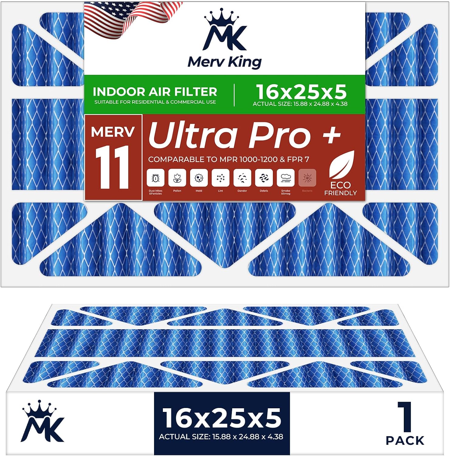 MervKing 16x25x5 Air Filter Actual Size: 15.88" x 24.88" x 4.38" MERV 11 MPR 1000-1200 | MADE IN USA | 1-Pack | Pleated HVAC AC Furnace Replacement