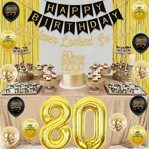 Miniatura 3 de Decoración de cumpleaños número 80 para hombres y mujeres, suministros de cumpleaños de 80 aniversario, pancarta de feliz cumpleaños negro dorado 80