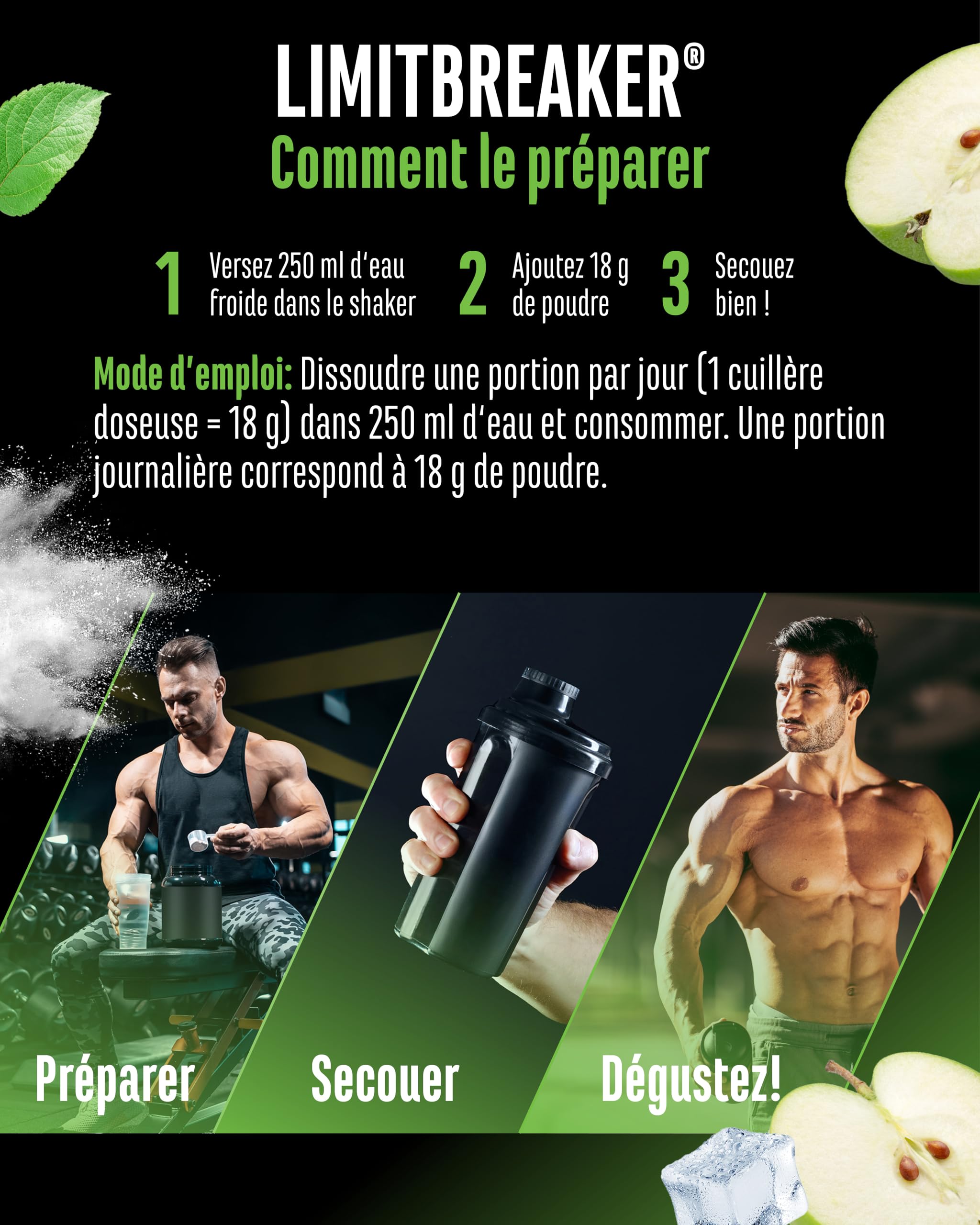 LIMITBREAKER® Pre Workout Booster avec Caféine 300 mg - Goût Pomme Verte Acide - avec L Citrulline, AAKG, Bêta Alanine & L Théanine - Haut Dosage - 360 g Poudre 20 Portions - Végan