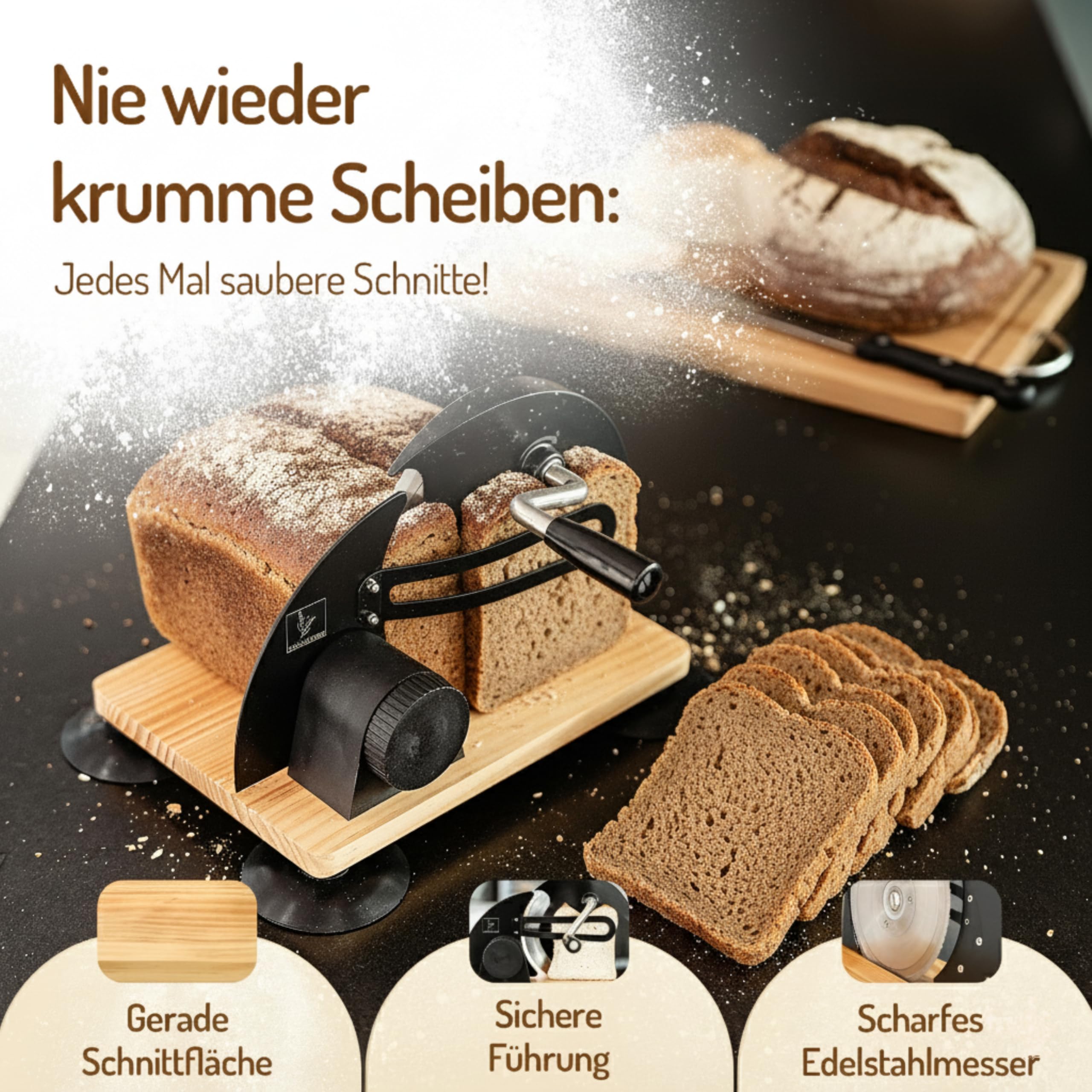 Brotschneidemaschine manuell – Hochwertiger Edelstahl Allesschneider mit Kurbel & Holzbrett | Präziser Schnitt, Retro-Design, rutschfeste Saugfüße für Brotliebhaber | Schwarz