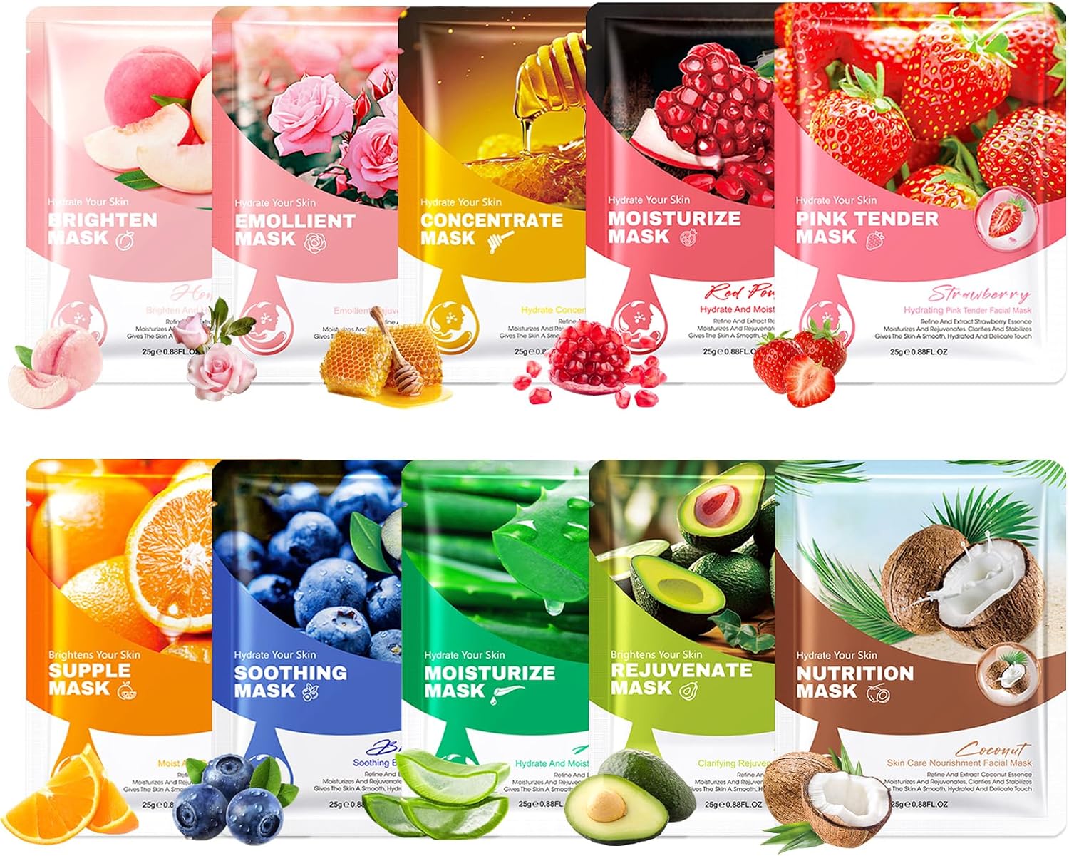 10PCS Plant Fruit Sheet Face Masks Set,Moisturizing Facial Sheet Masks,Hydrating Face Masks Sheet Masks Set,Non-greasy Overnight Face Sheet Masks Facemasks for Women and Men A