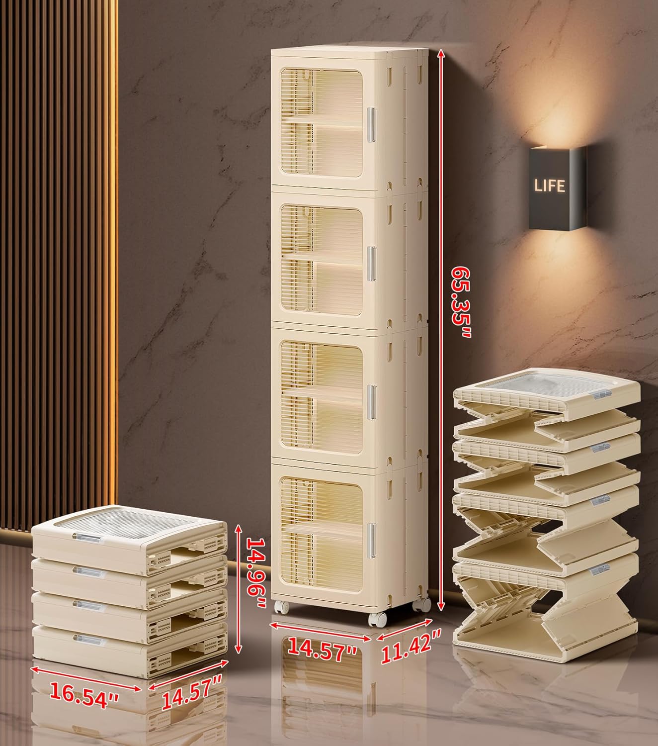 4-Tier Tall Narrow Bathroom Storage Cabinet with Doors and Adjustable Shelves Slim Foldable Cabinets with Wheels Small Spaces Plastic Organizers for Kitchen Laundry Room Bedroom Pantry,Beige