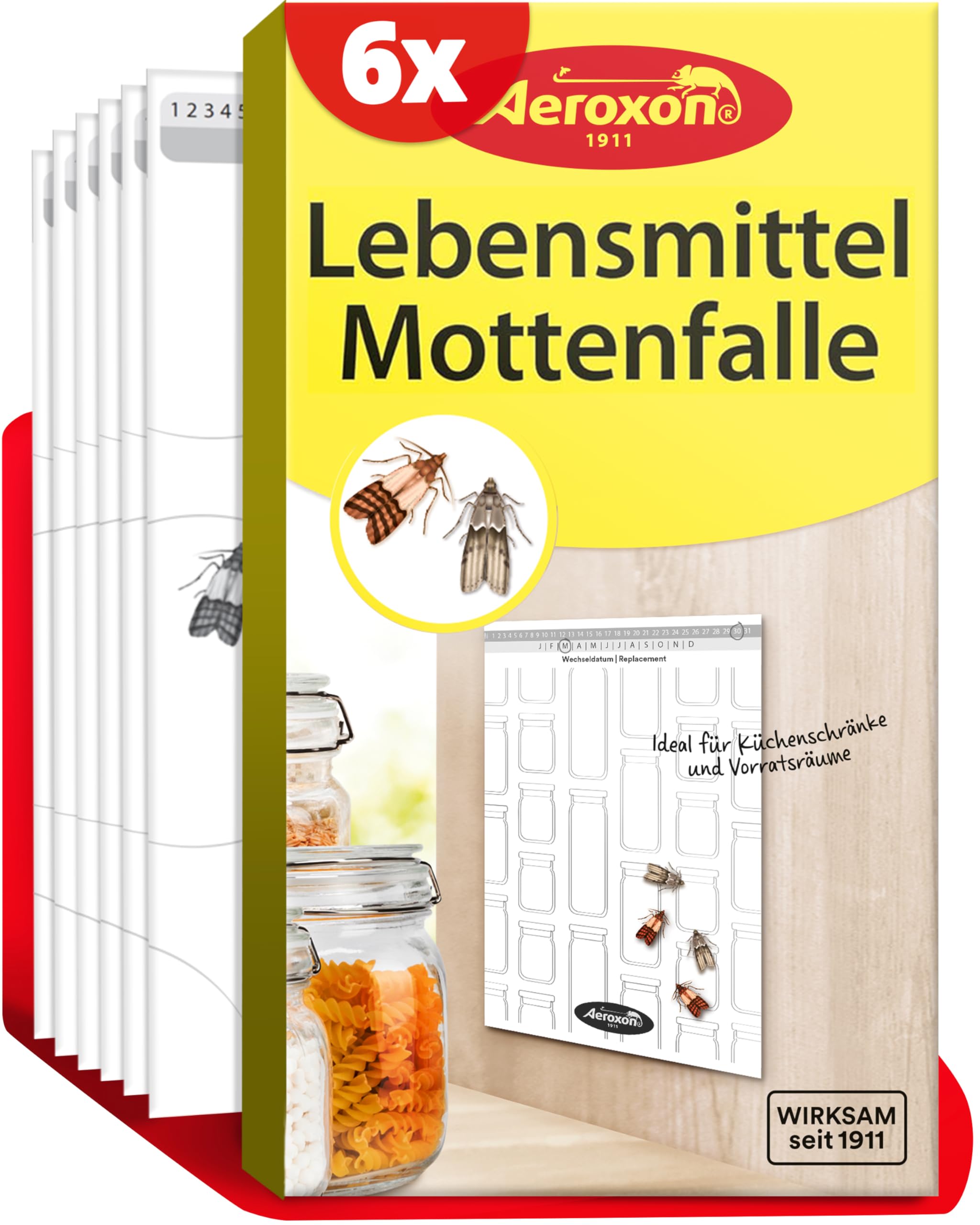 AEROXON Lebensmittelmotten Falle 6X – Pheromonfalle Motten zur gezielten Befallserkennung – Mottenfalle Lebensmittel Küche & Vorratskammer – Mittel gegen Lebensmittelmotten, 6 Wochen Wirkdauer