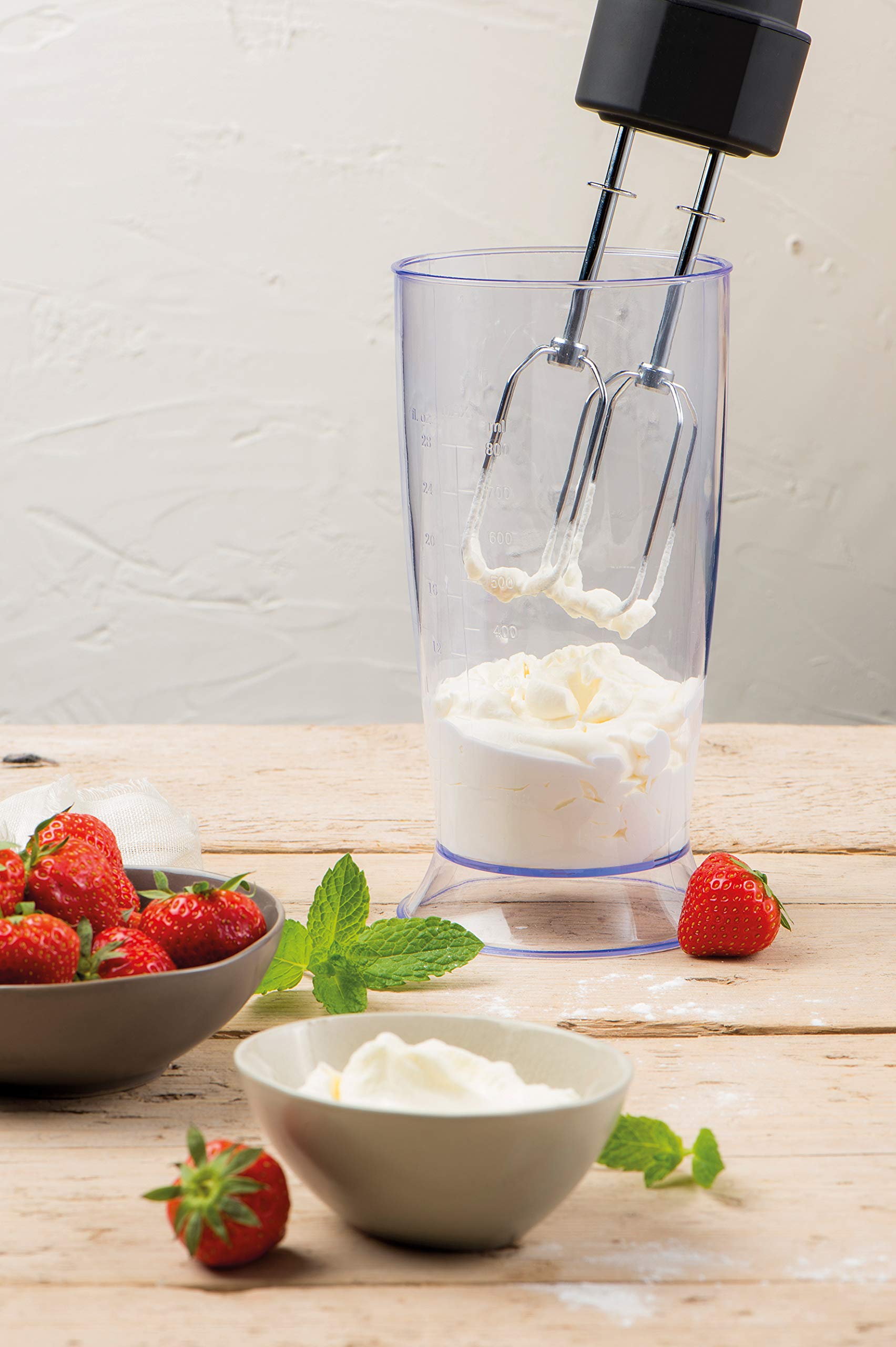FRITEL Stabmixer HB 2870 – Stabmixerset/Handmixer mit Zubehör – 25 cm – 800 W – 6 Messer – 2 Geschwindigkeitsstufen + Zerkleinerer + Messbecher + 2 Rührbesen