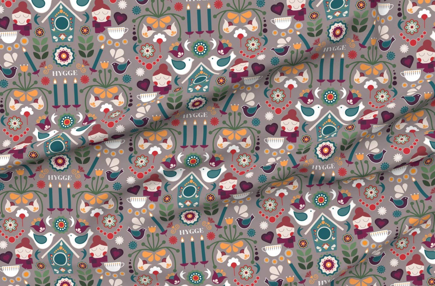 Spoonflower Fabric - Hygge House Scandinavian Folk Art Birds Floral Printed on Petal Signature Cotton Fabric by The Yard - Sewing Quilting Apparel Crafts Decor