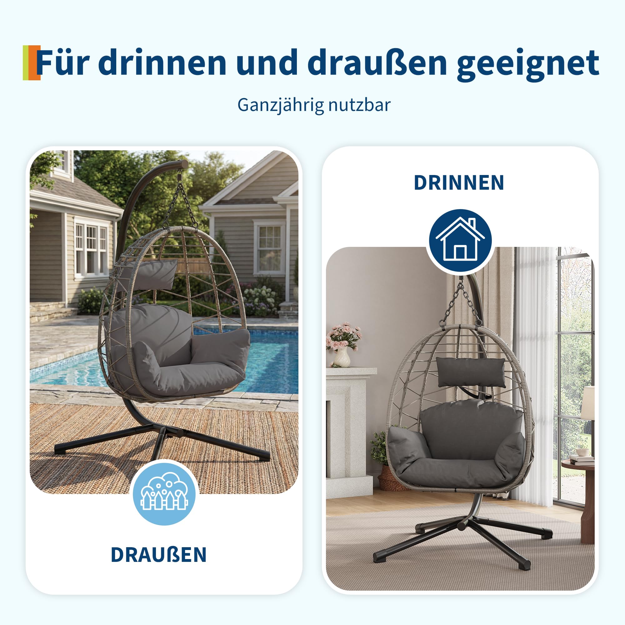 GarveeHome Fauteuil Suspendu Aria Rotin Synthétique – Chaise Balancelle avec Coussin Épais, Hauteur Réglable, Intérieur Extérieur Jardin Balcon Salon (Gris, X-Large)