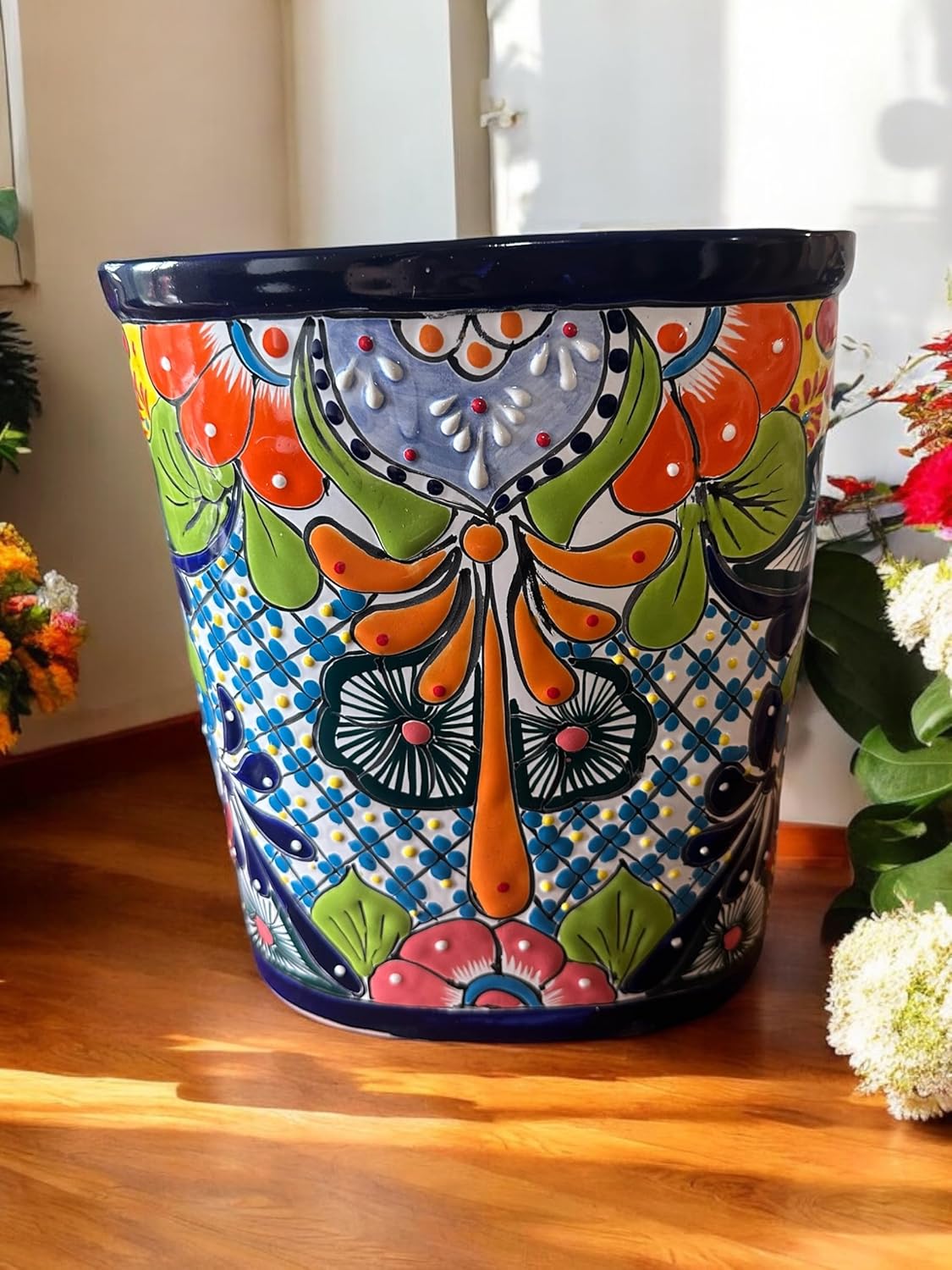 Decorative Talavera Trash Bin | Hand-Painted Mexican Pottery for Bathroom & Small Spaces