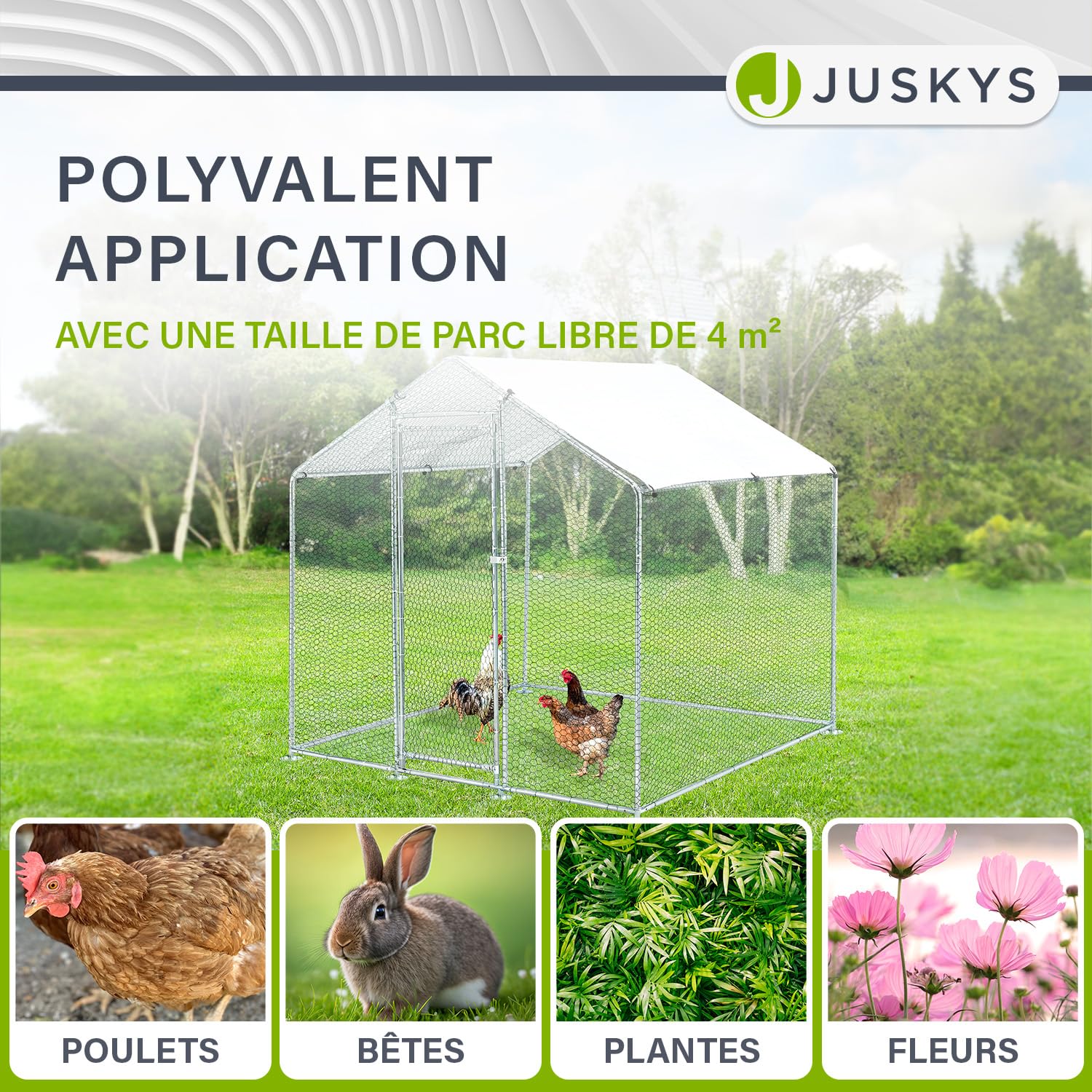 Enclos Juskys 2 x 2 x 2 m — Poulailler en métal Accessible d'une Surface de 4 m² avec Porte et verrou — Enclos pour Poules, Petits Animaux et Plantes