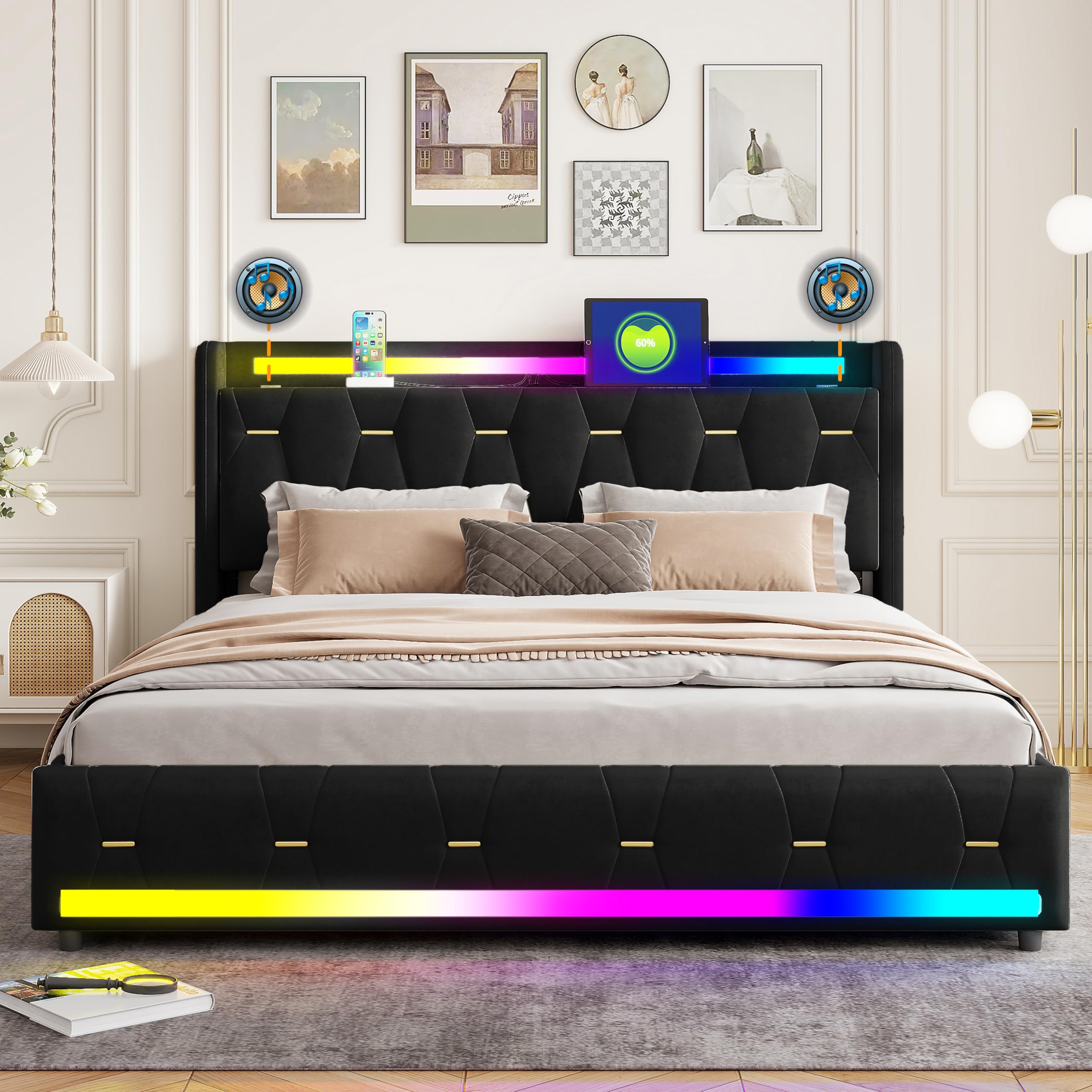 Struttura letto con cassetti portaoggetti 140x200cm,velluto,nero