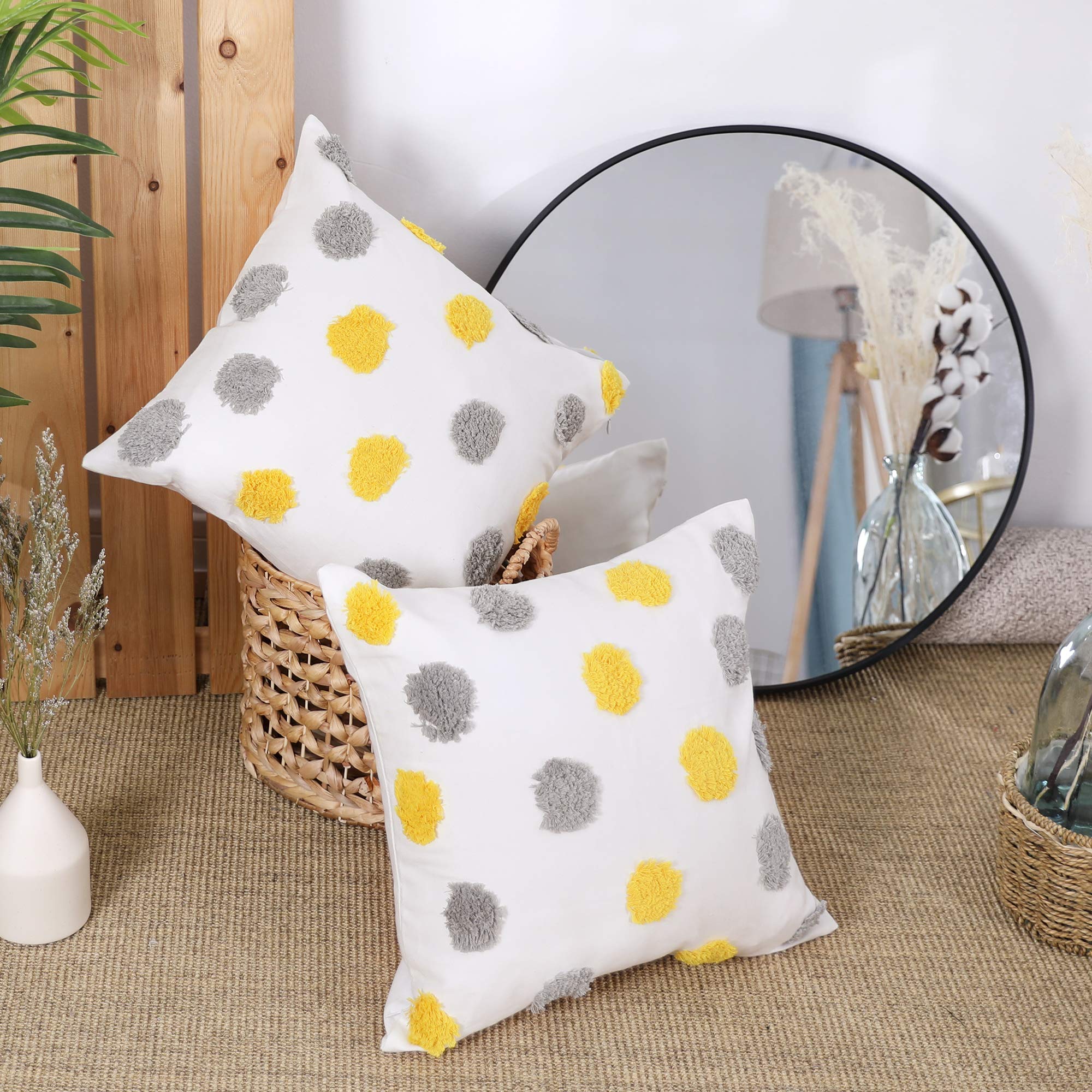 Deconovo Set of 2 Throw Pillowcases Cotton Cushion Covers for Car Home Office with Embriodered Big Dots Pattern with Invisible Zipper 18" x18" 45cm x 45cm Grey and Yellow