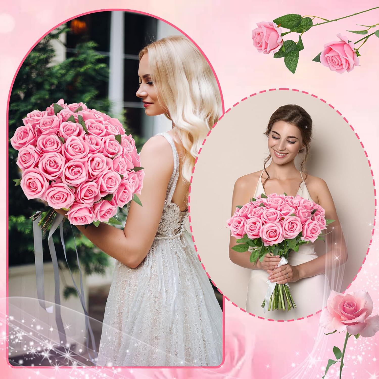 36 Pcs Pink Velvet Texture Soft Artificial Flowers Bridal Bouquet, Real Touch Fake Rose Long Stem Realistic Flowers Bulk for DIY Wedding Ball Arrangement Centerpiece Party Home Decor - Image 8