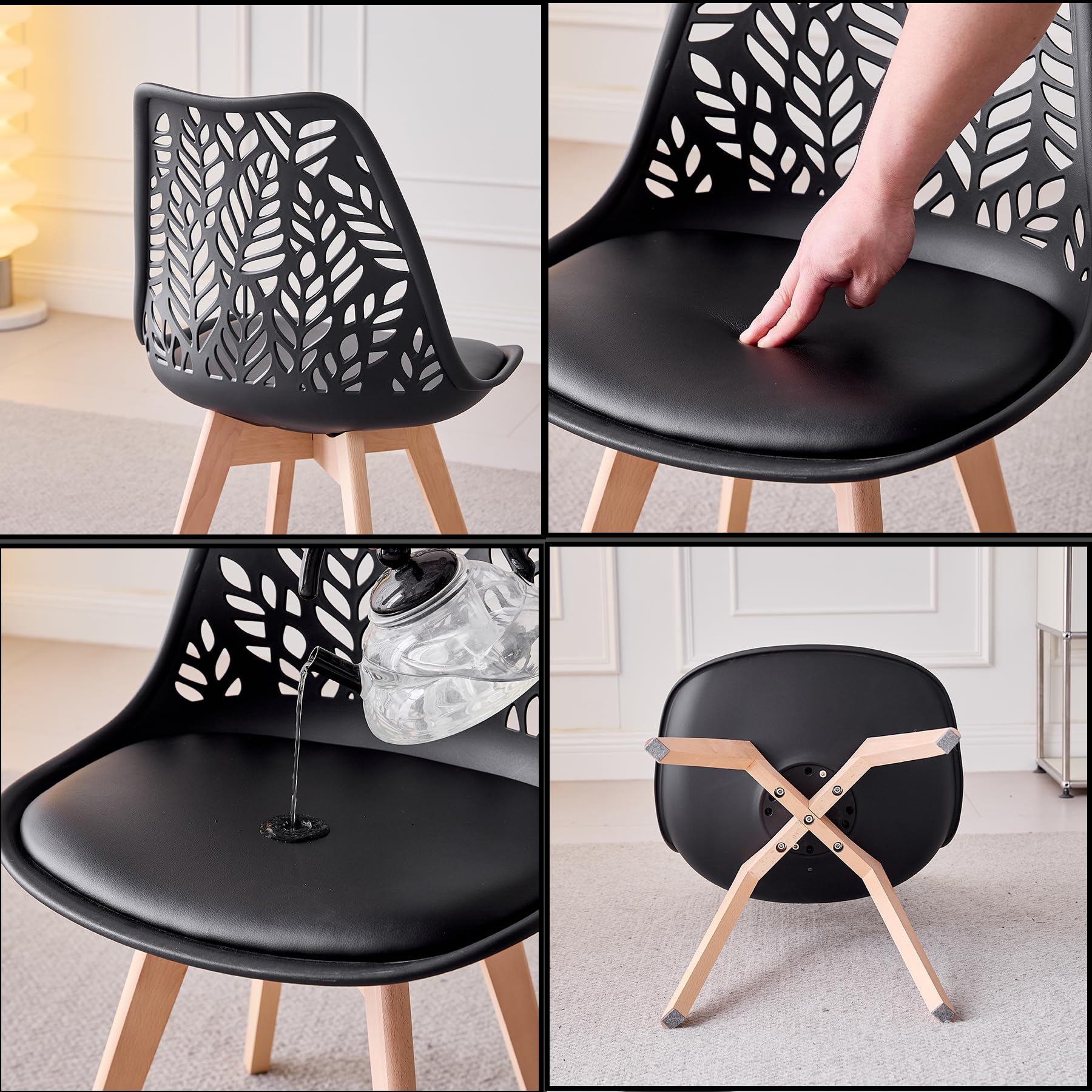 Lot de 6 chaises de Salle à Manger de Style Nordique Chaises de Cuisine aux Pieds en Bois Massif,Dossier ajouré et revêtement en Similicuir pour salles à Manger, Cuisines et Salons,Blanc