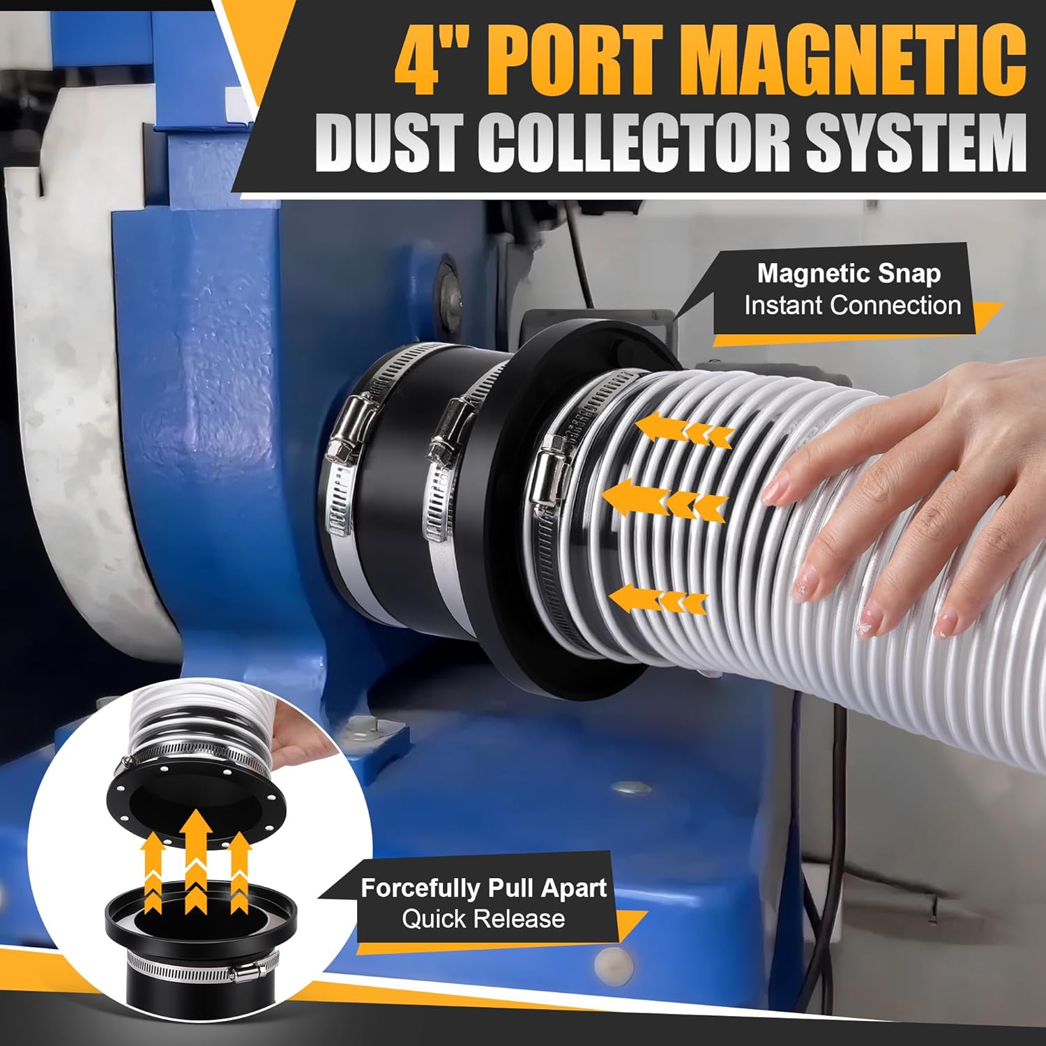 Saillong 4" Magnetic Dust Collector Fast Connect System – Starter Kit with Neodymium Fittings, Hose Couplers & Clamps for Workshop Dust Collection(Rubber Joint)