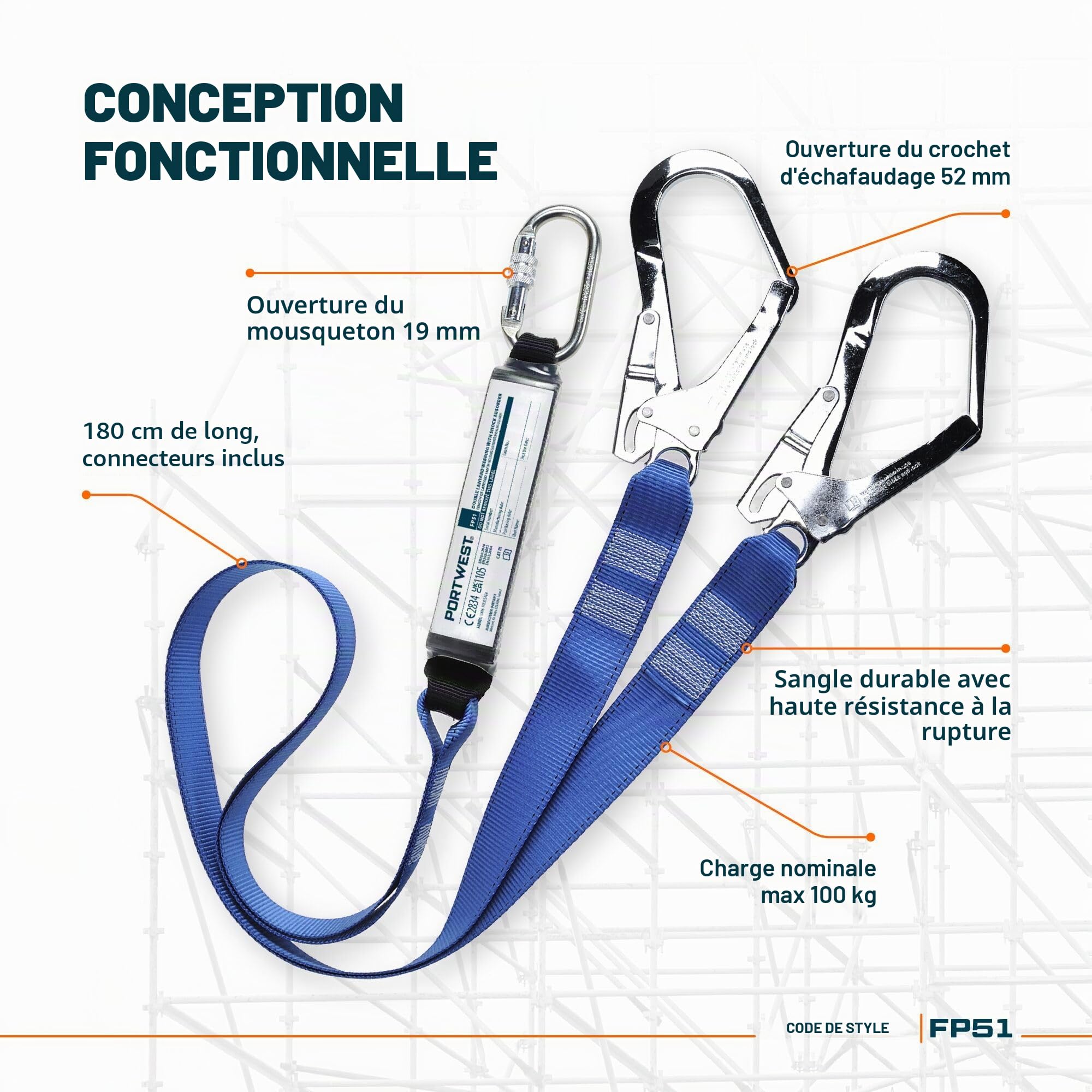 Portwest - Longe double avec amortisseur d'énergie - FP51