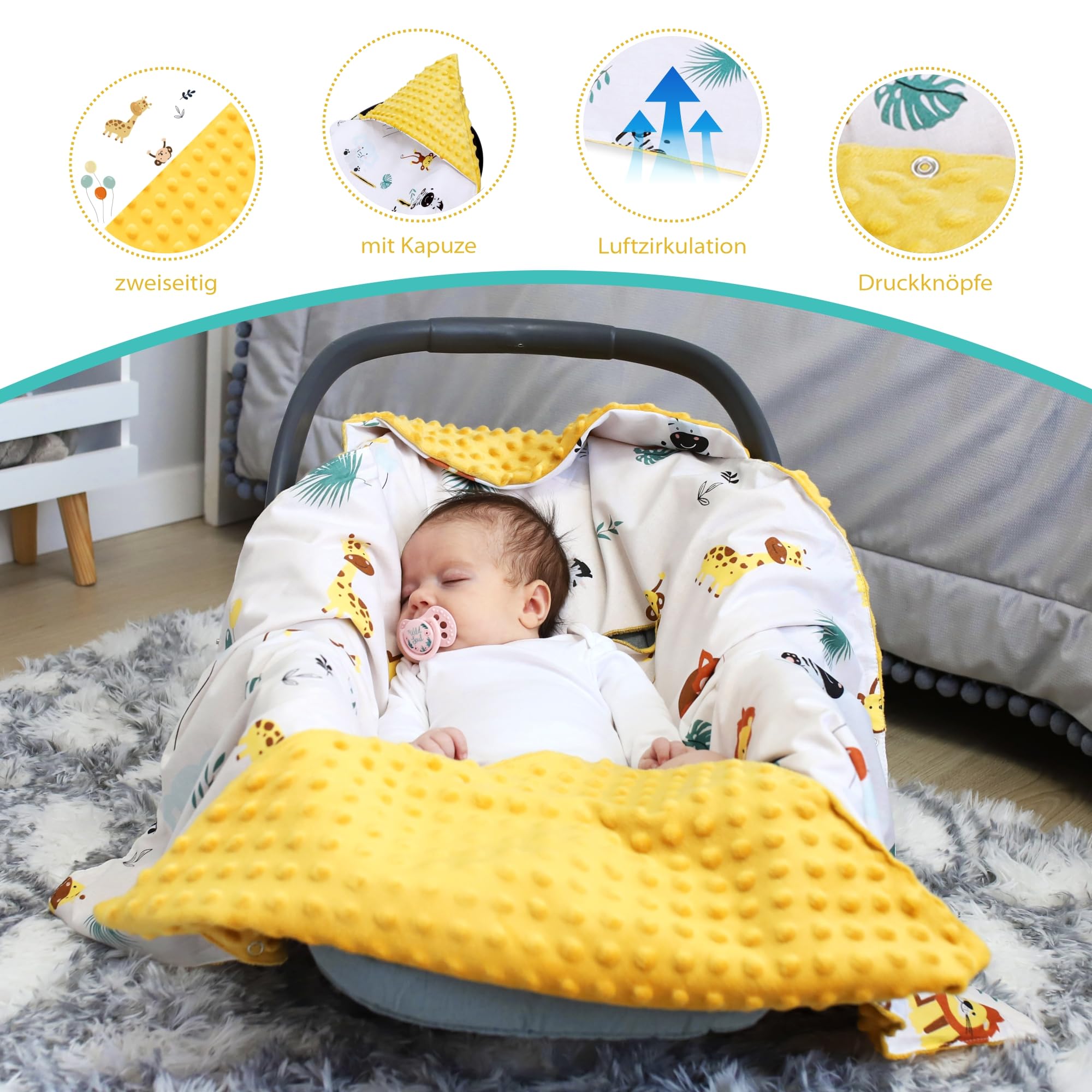 Totsy Baby Coperta per passeggino 90 cm x 90 cm - per ovetto universale, per seggiolino auto in cotone coperta per tutte le stagioni Caramella safari