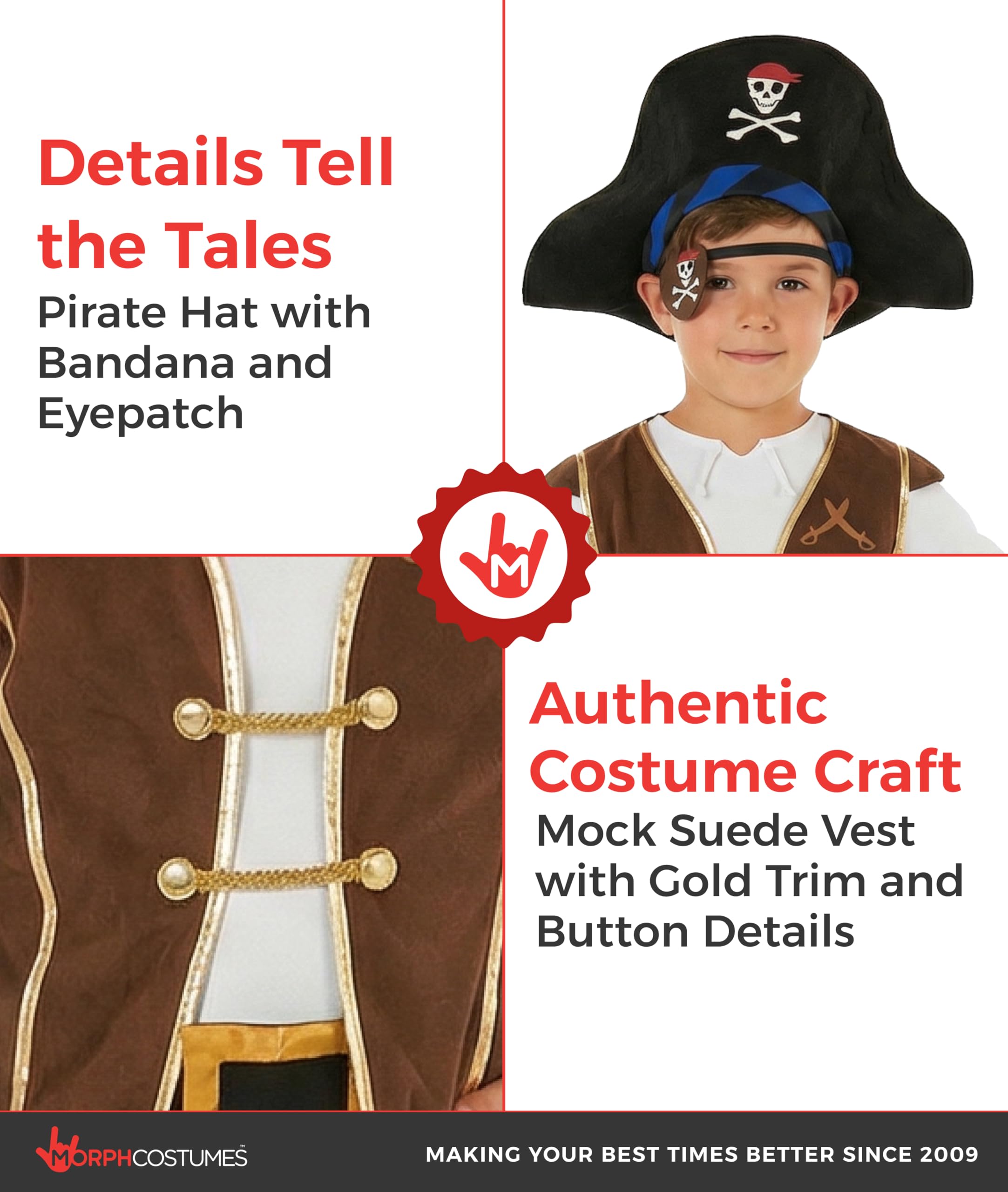 Morph Piratenkostüm für Kinder, Piraten Kostüm Kinder, Piratenkostüm Junge, Piratenkostüm Jungen, Pirat Kinderkostüm, Kostüm Pirat Kind in 4 Größen erhältlich