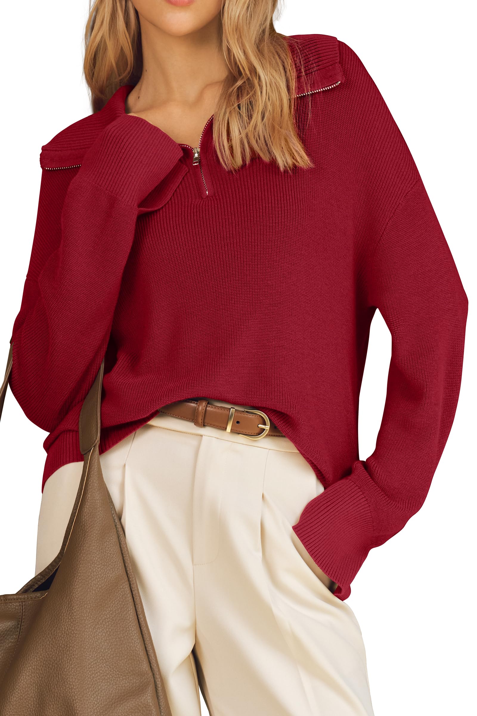 Arach Cloz Womens Wool Blend Quarter Zip Pullover Sweater Trendy Winter Soft Casual Lapel Oversized Fit Top