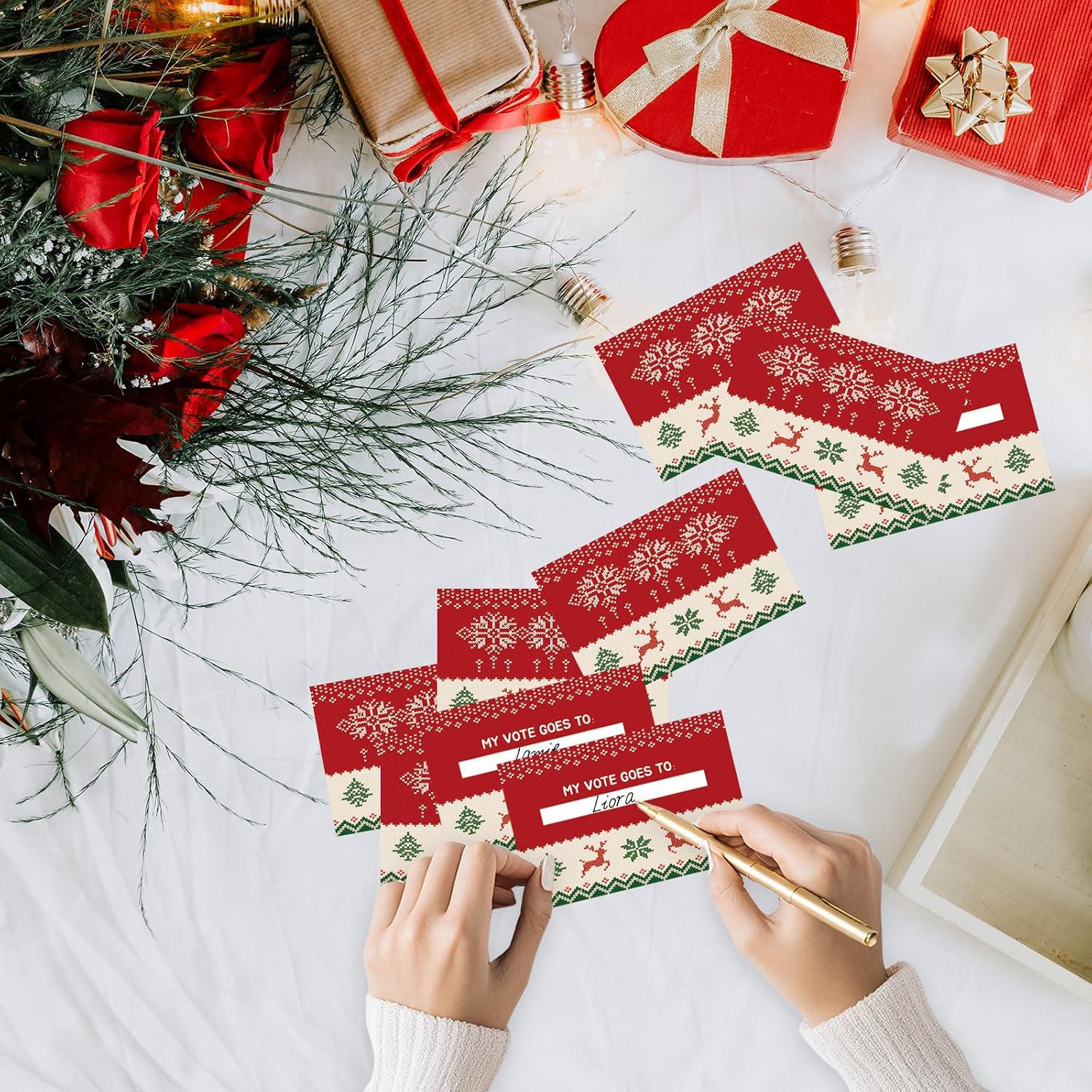 Christmas Ugly Sweater Contest Ballot Box with 50 Voting Cards for Christmas Games Ugly Sweater Party Decorations