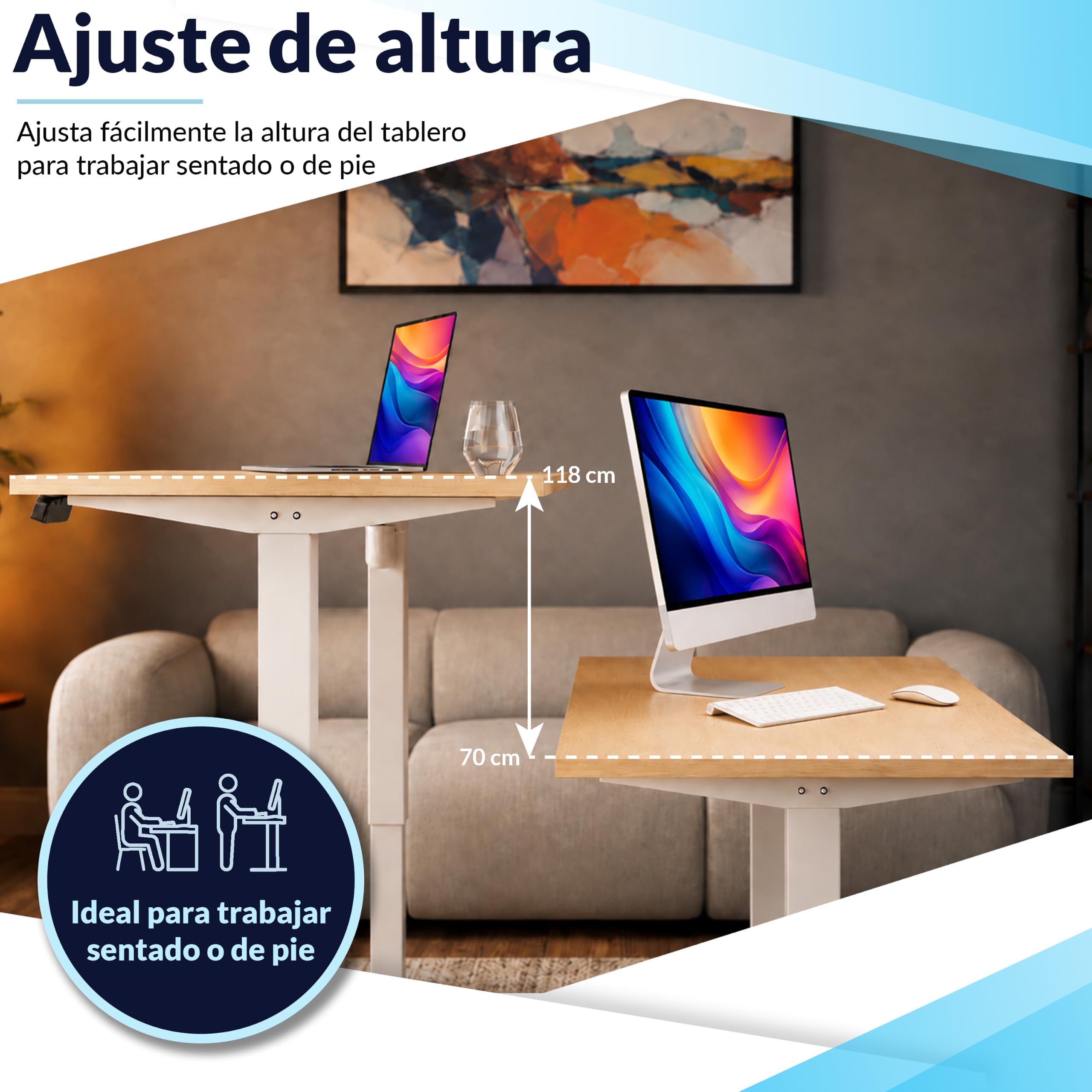 POKAR Escritorio Elevable Eléctrico 120x70 cm | Tablero Macizo 25mm | Panel con Memoria, USB-C y USB-A | Mesa Regulable en Altura para Teletrabajo | Estructura Plateada, Tablero Blanco
