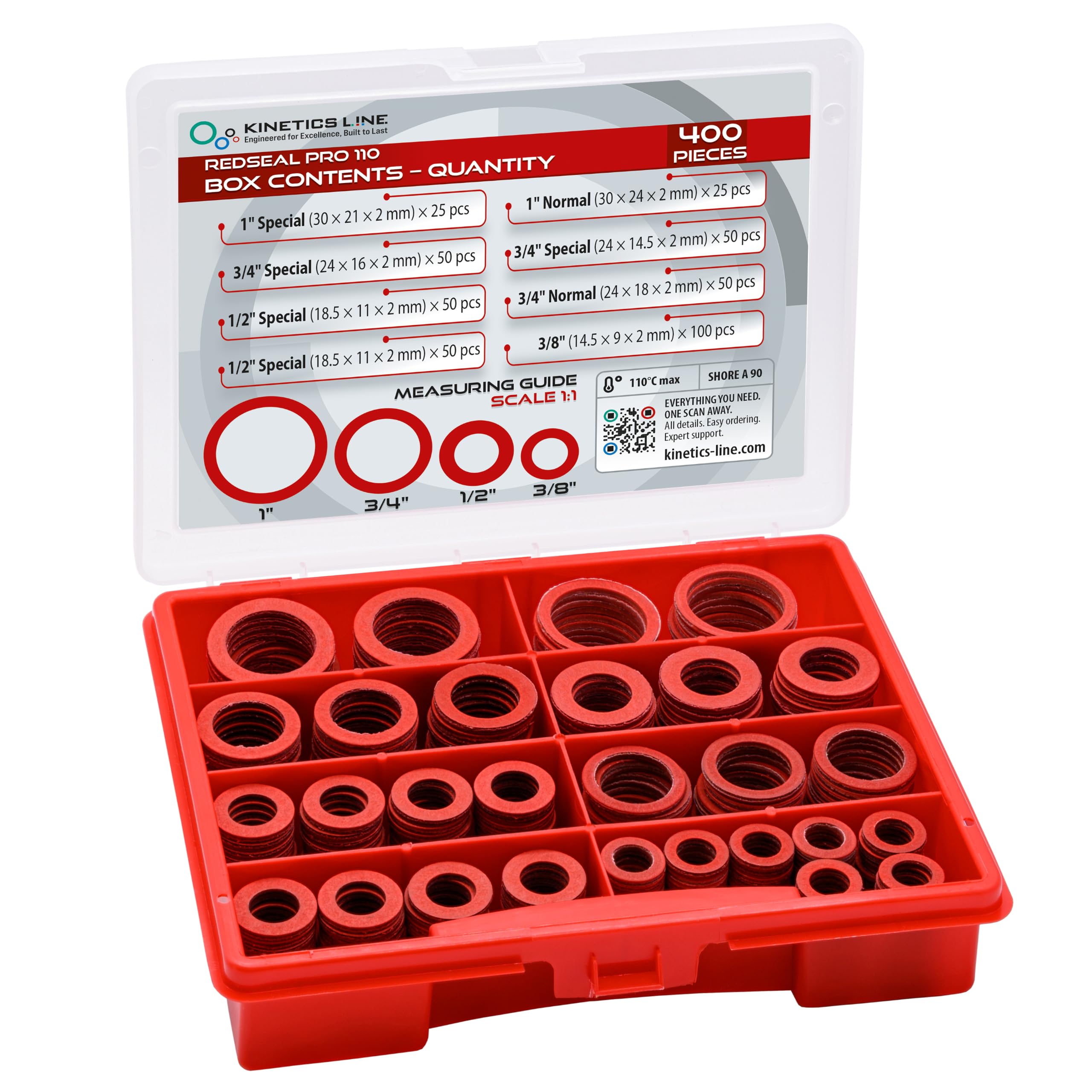 Boîte de Joints avec 400 Joints Plats en Fibre de Vulcanite 3/8–1 Pouce – Joints Rigides et Formstables pour Pompes, Vannes et Raccords Filetés – Jusqu’à 110 °C