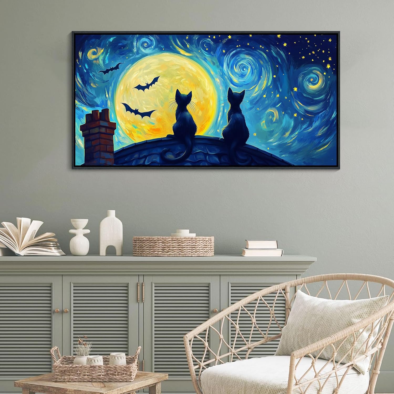 CHATYOUNG Canvas Wall Art Bedroom, Blue Starry Sky Black Cat Framed Painting Yellow Moon Bat Abstract Landscape Pictures Artwork for Bathroom Living Room Kitchen Office Decor 20X40 IN 40L" x 20W" Starry Blue Wall Art