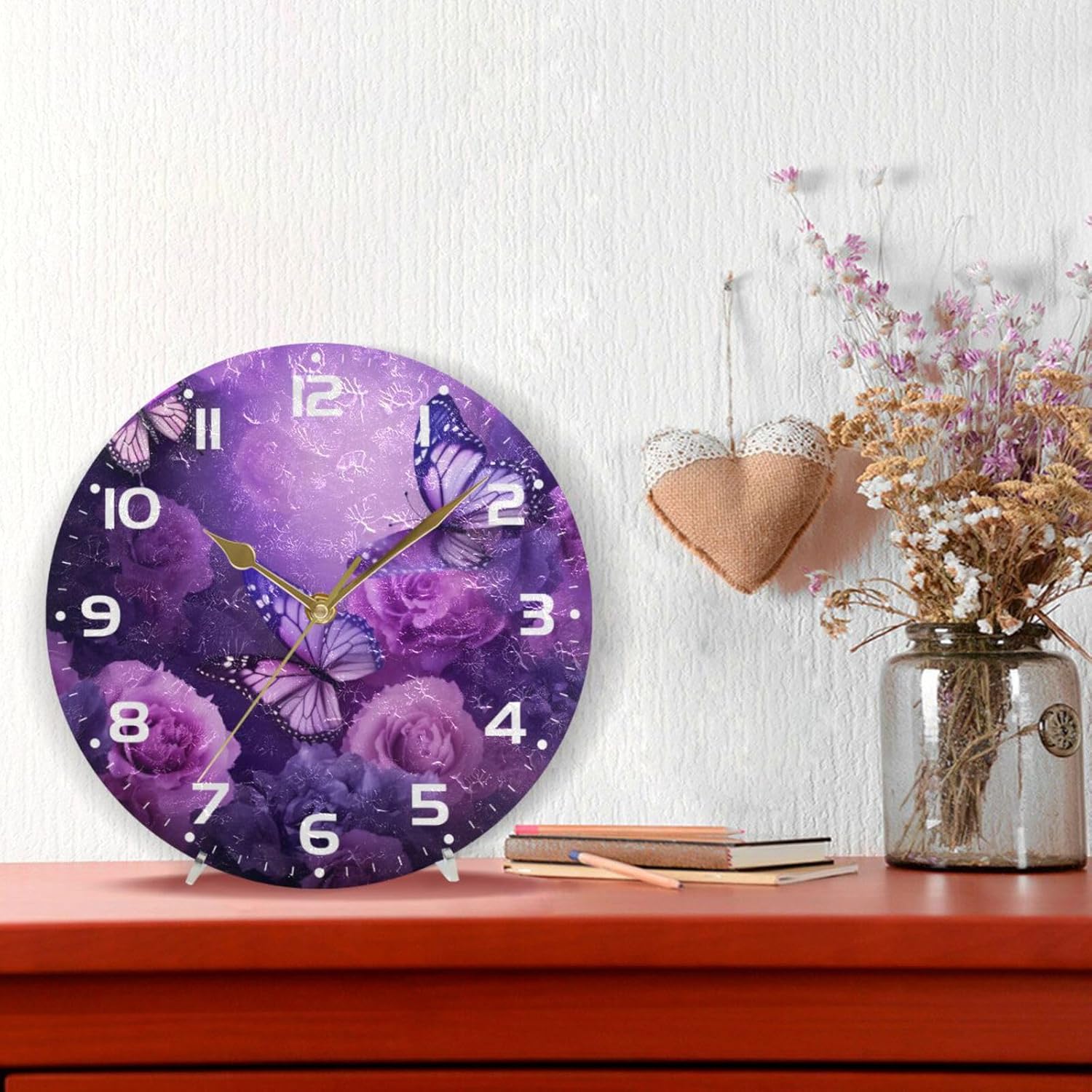 YETTASBIN Purple Butterfly Wall Clock, Silent Non Ticking Battery Operated Creative Decorative Round Clock for Kitchen, Living Room, Bathroom, Home School Office Decor, 10 Inch