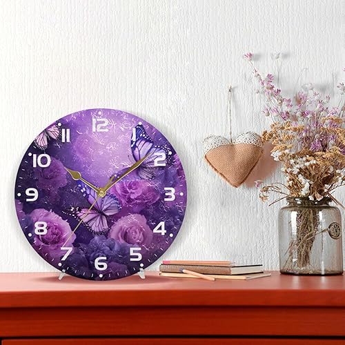 Miniatura 6 de Reloj de pared de mariposa morado, silencioso sin tictac, funciona con pilas, reloj redondo decorativo creativo para cocina, sala de estar, baño,
