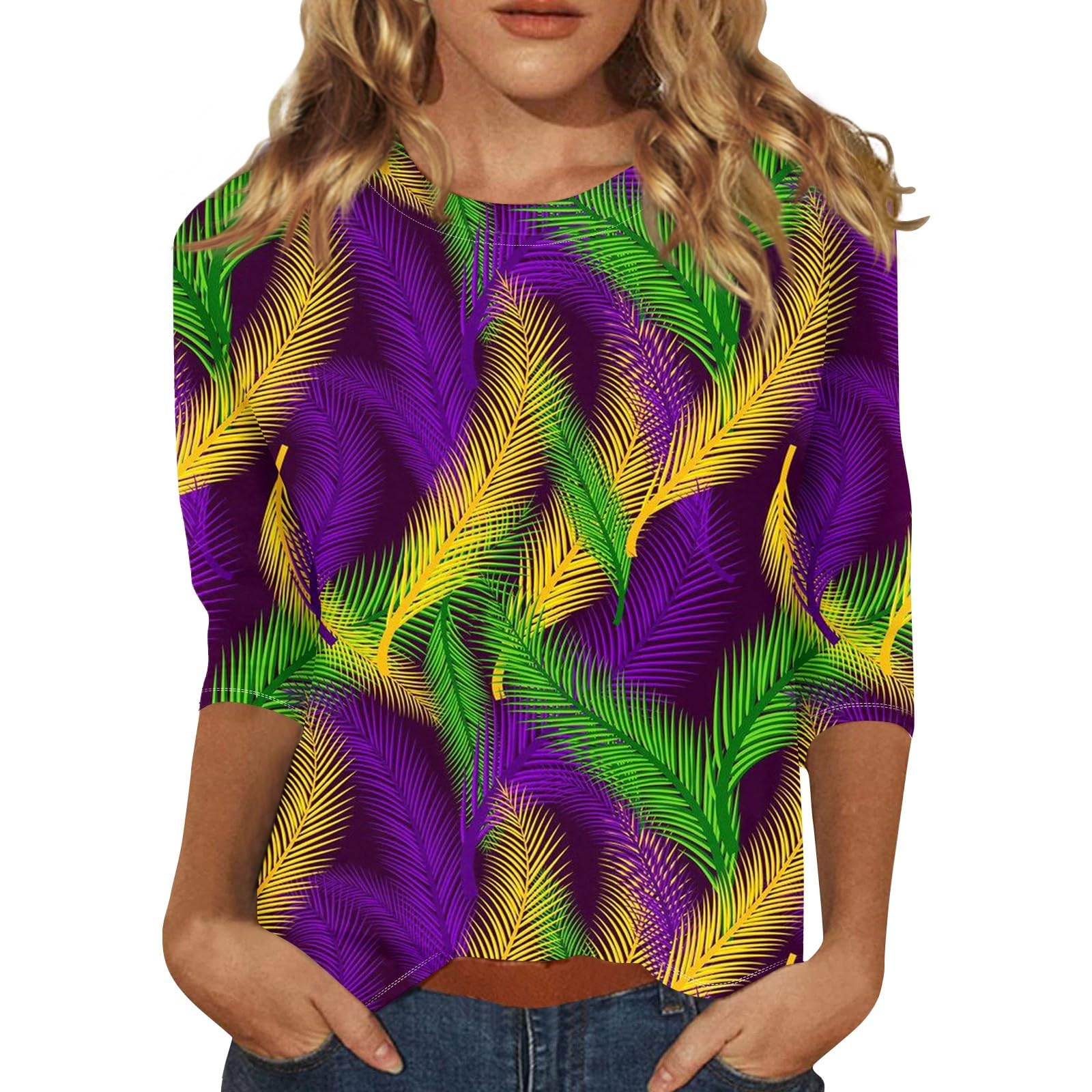 Mardi Gras Shirt Women Sequin Bling Glitter Carnival Outfits 3/4 Sleeve Cute Tops Round Neck Trendy Mask Print Blouses
