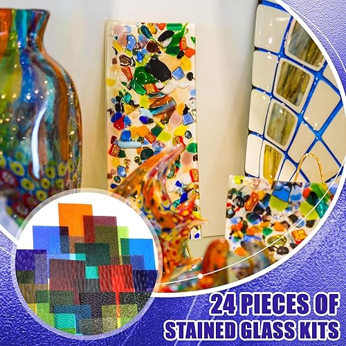 Vista 12 de Treela 24 hojas de vitrales de 4 x 6 pulgadas, suministros de vitrales para proyectos de vitrales, variedad de mosaicos, vidrios de colores surtidos