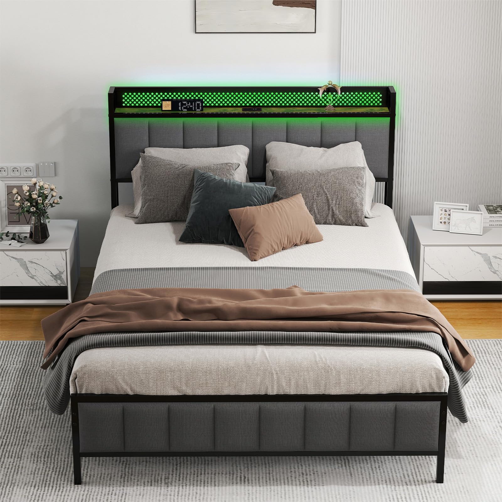 Levede 4ft Small Double Bed Frame with LED Lights & Charging Station, Upholstered Platform Bed with Storage Headboard, USB & Type-C Ports, Metal Frame Bed, Under Bed Storage, Grey Linen Bed Frame