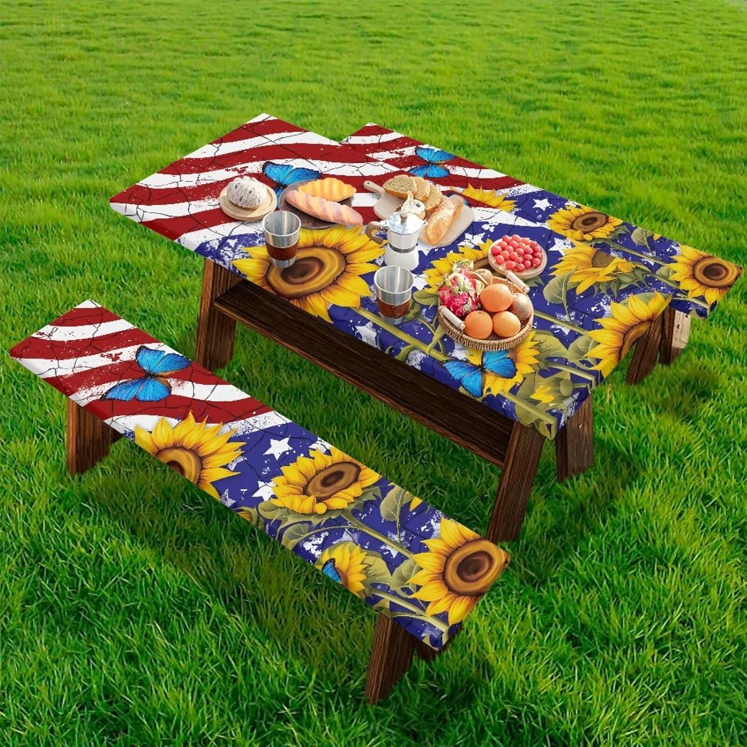 Sunflower Picnic Tablecloth Set USA Flag Camping Tablecloth for Picnic Table Patriotic Cover Waterproof Windproof Camping RV Gear Must Have 72x30 Inches 3 Pcs Set for 4Th of July