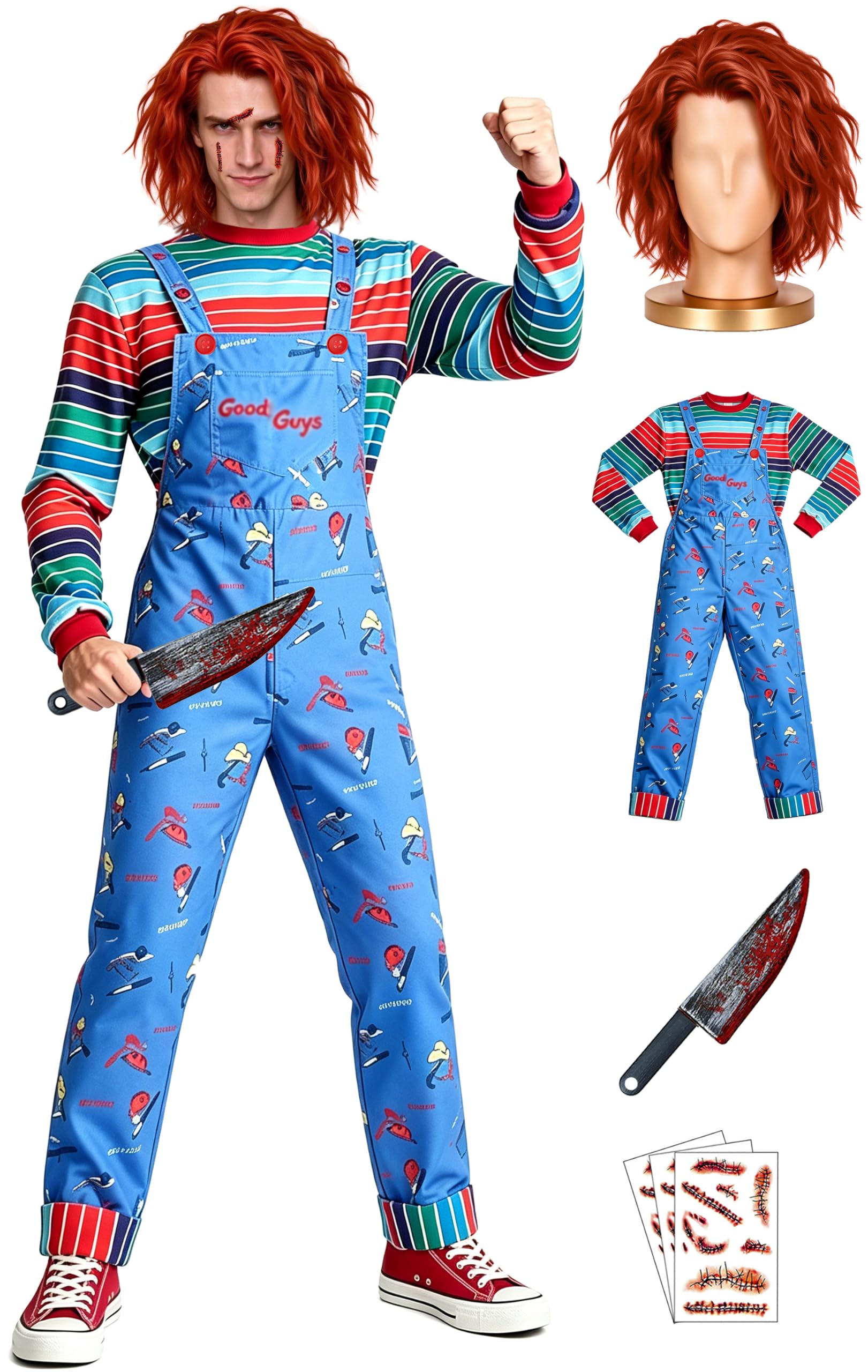 6 Sizes/Chucky Wig/Costume/Fake Knife/Tattoos Chucky Costume for Men Women