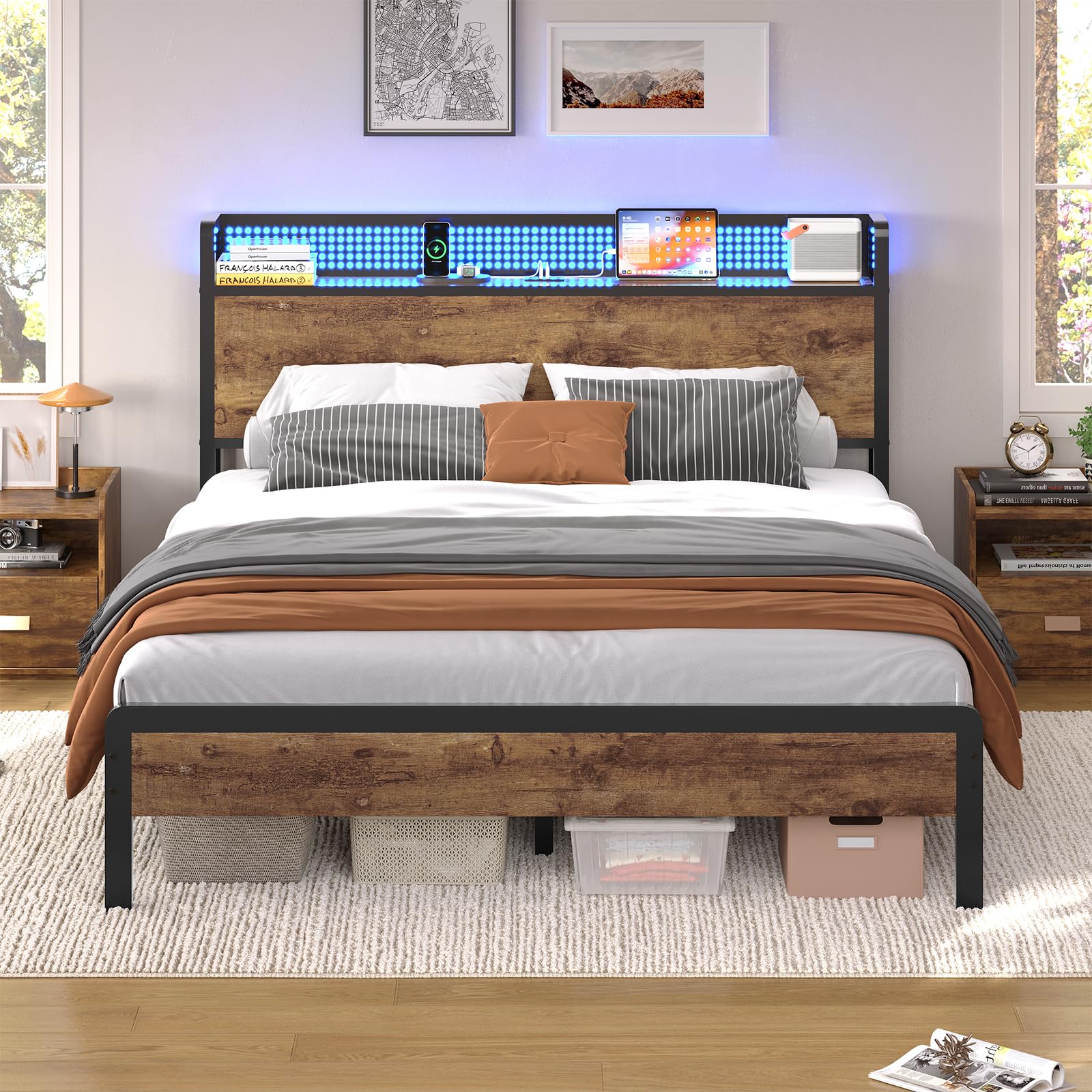 Lit 140x200 avec Sommier et Rangement, Cadre de Lit 140x200 en Métal avec Éclairage LED Réglable et Multiprise, Tête de Lits avec Panneau Perforé, Lits Double Style Industriel Marron Rustique