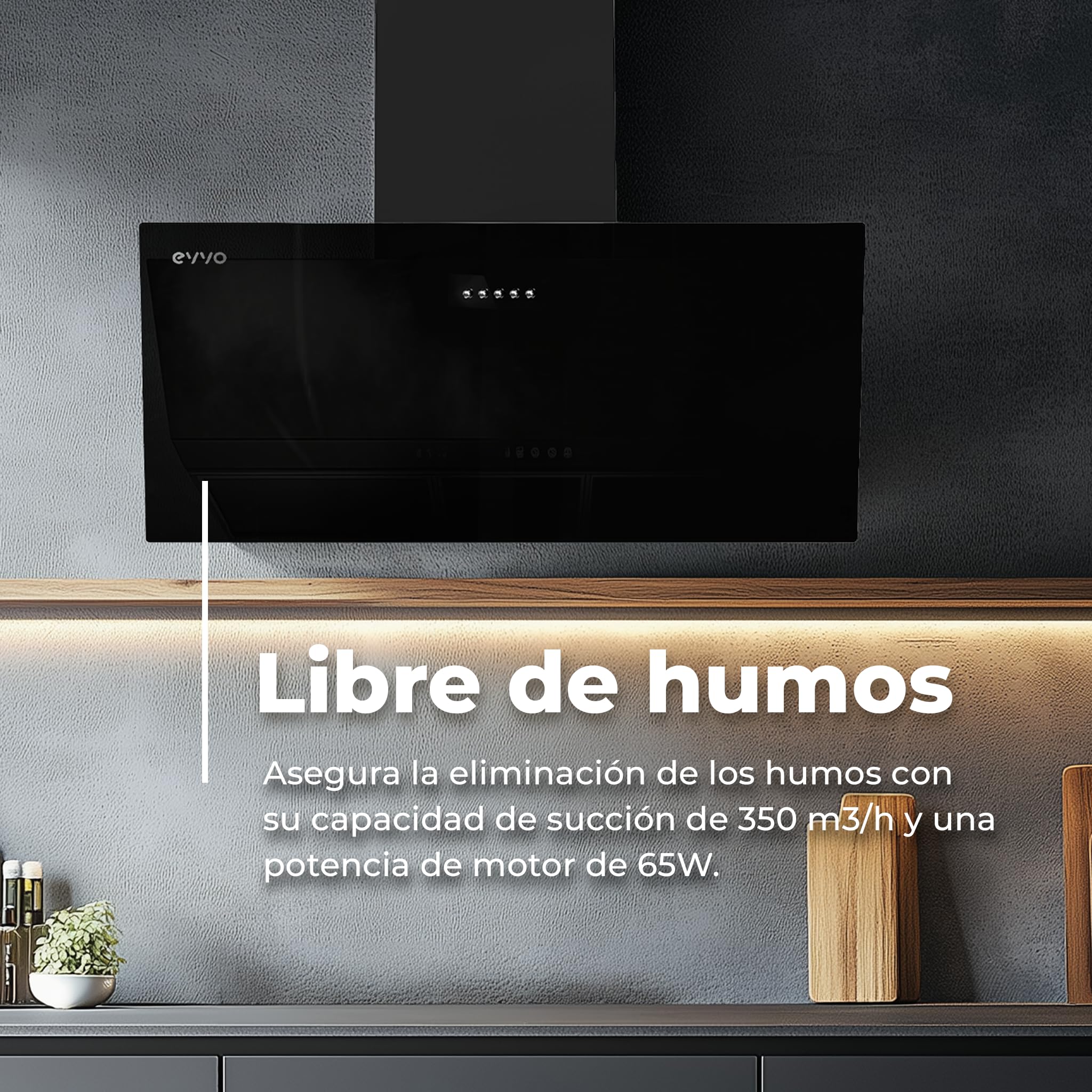 EVVO Campana Extractora 60cm Decorativa, Potencia 350 m³/h, Filtro 3 Capas Aluminio y Carbón Activo, Luz LED, 3 Velocidades, Eficiencia energética B, Acabado Cristal Negro — view 2