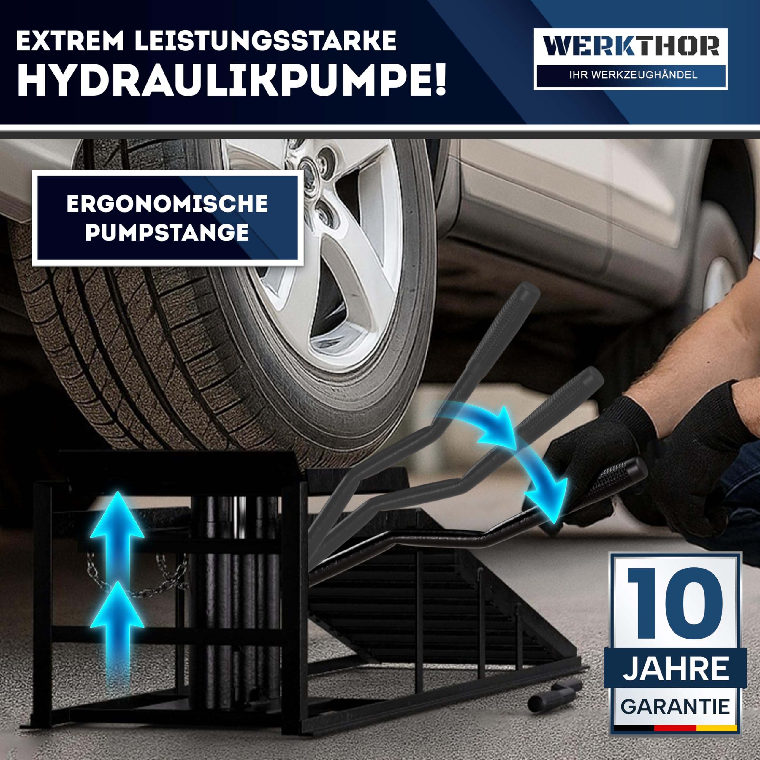 WERKTHOR hydraulische Auffahrrampe PKW - [2er Set] Auffahrrampen mit Sicherheits-/ Überdruckventil [<4T] - Höhenverstellbare Rampe Auto - Hebebühne Auto