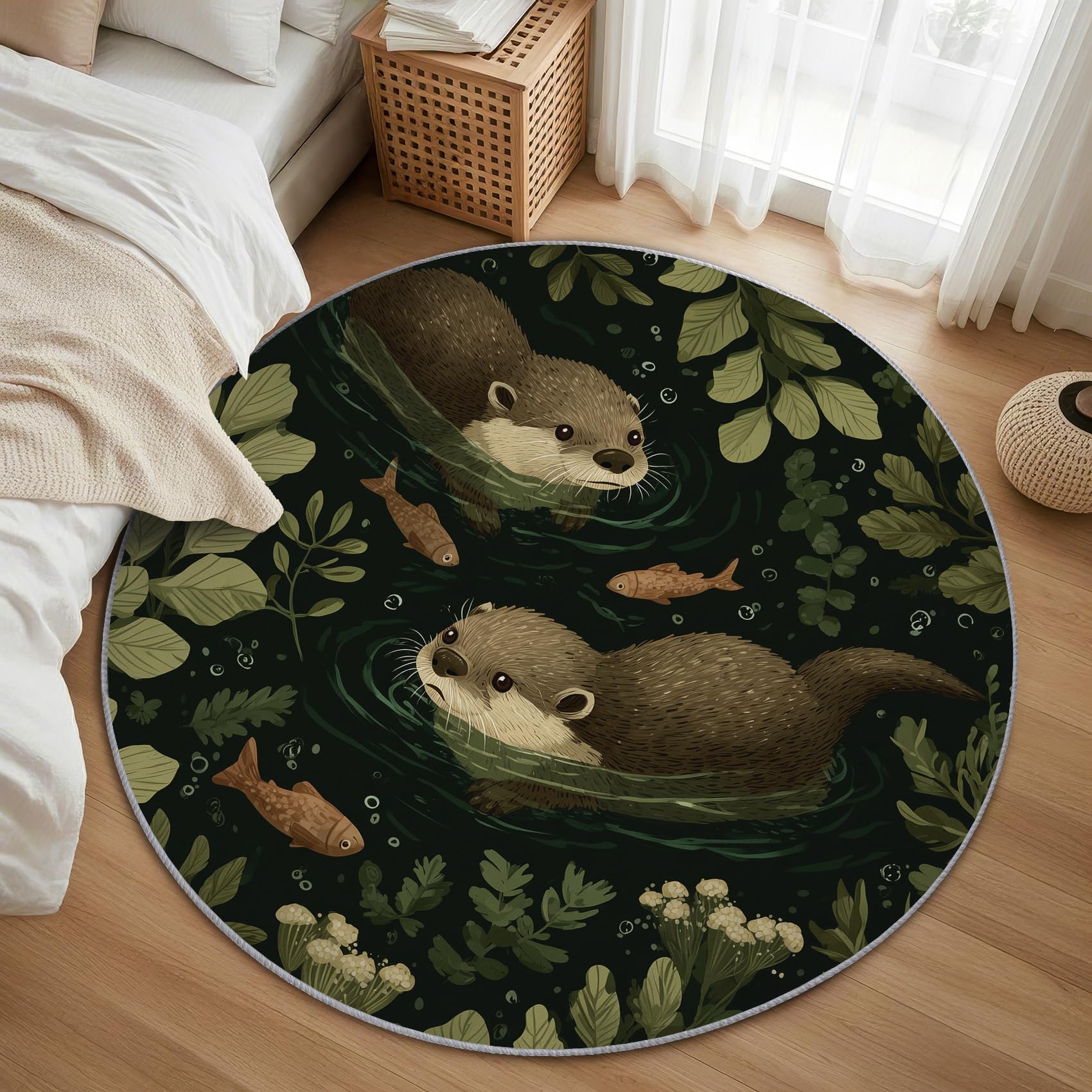Otter Teppich Rund 120cm Kurzflor - Waschbare Teppiche Wohnzimmer Süße Otter Fisch Kinder Tier - Runder Teppich 120 Durchmesser Kinderzimmer - Bettvorleger rutschfest Weich