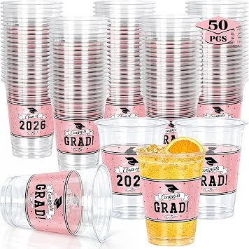 QZYL 50 PCS Graduation Cups 2026, 14 OZ Pink Graduation Decor, Grad Cups for Hot Cold Drinks, Disposable Plastic Cup Bulk for Class of 2026 Congrats Grad Party Supplies Tableware