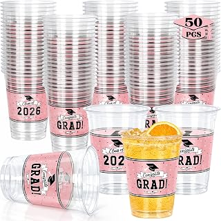 QZYL 50 PCS Graduation Cups 2026, 14 OZ Pink Graduation Decor, Grad Cups for Hot Cold Drinks, Disposable Plastic Cup Bulk for Class of 2026 Congrats Grad Party Supplies Tableware