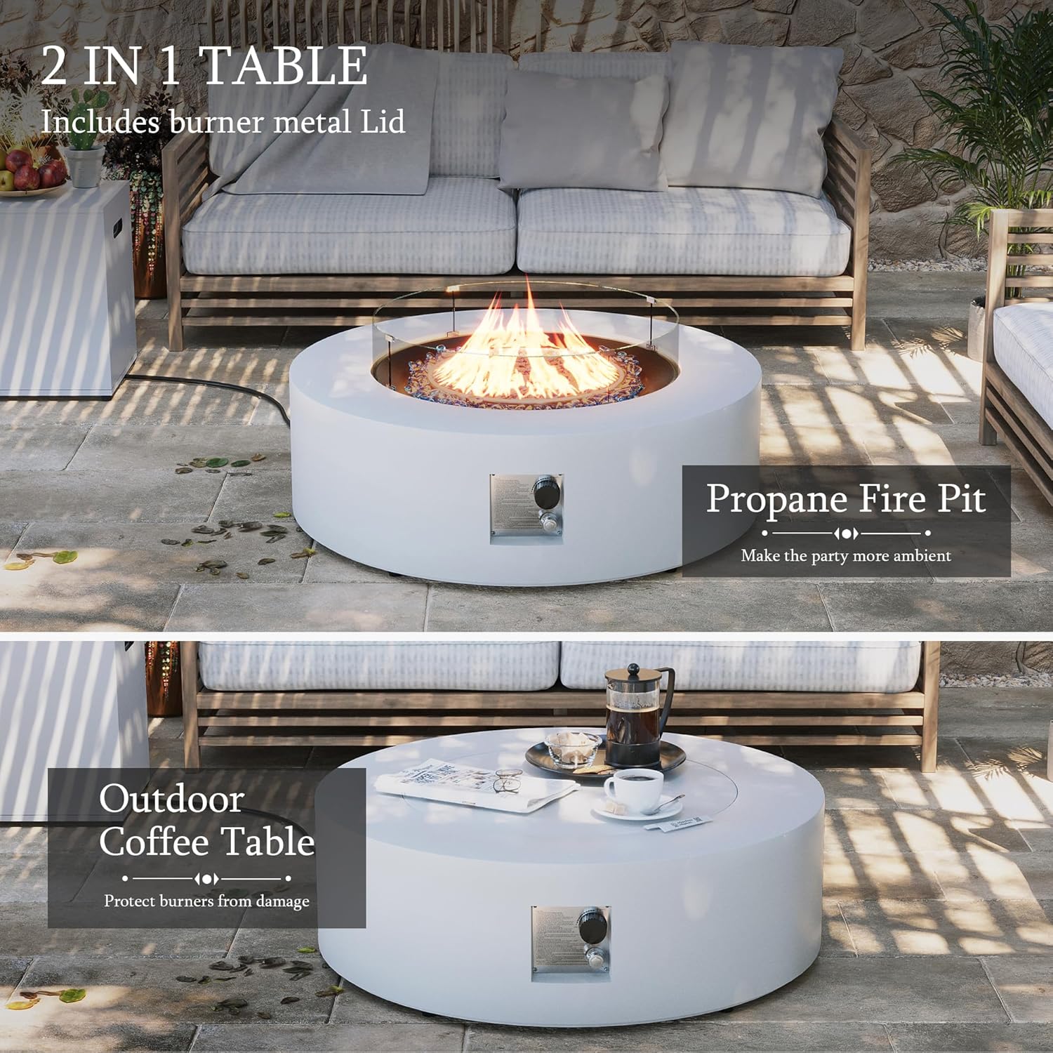 UPHA 42-inch Outdoor Propane Gas Fire Pit Table 50000 BTU Iron Round Firepit for Outside Patio with Tank Hidden Table, Wind Guard, Removable Lid, Blue Glass Rocks, Rain Cover, White