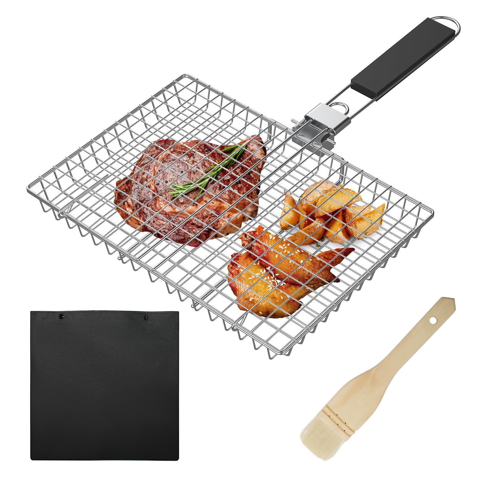 Cestello per Griglia, Grande Griglia Pesce Barbecue, Cestino per Barbecue con Manico Rimovibile, con Pennello da Forno e Borsa, Griglie per Barbecue per Pesce, Bistecche, Gamberetti e Verdure