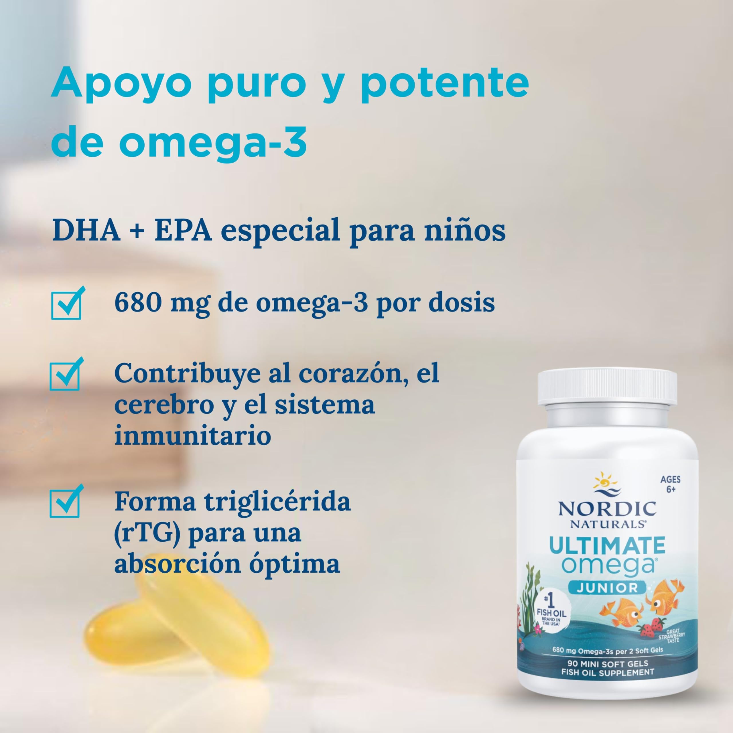 Nordic Naturals Ultimate Omega 3 JR, suplementos de aceite de pescado Omega 3 de 680 mg para niños, sabor fresa con EPA y DHA, 90 cápsulas blandas, sin soja, sin gluten