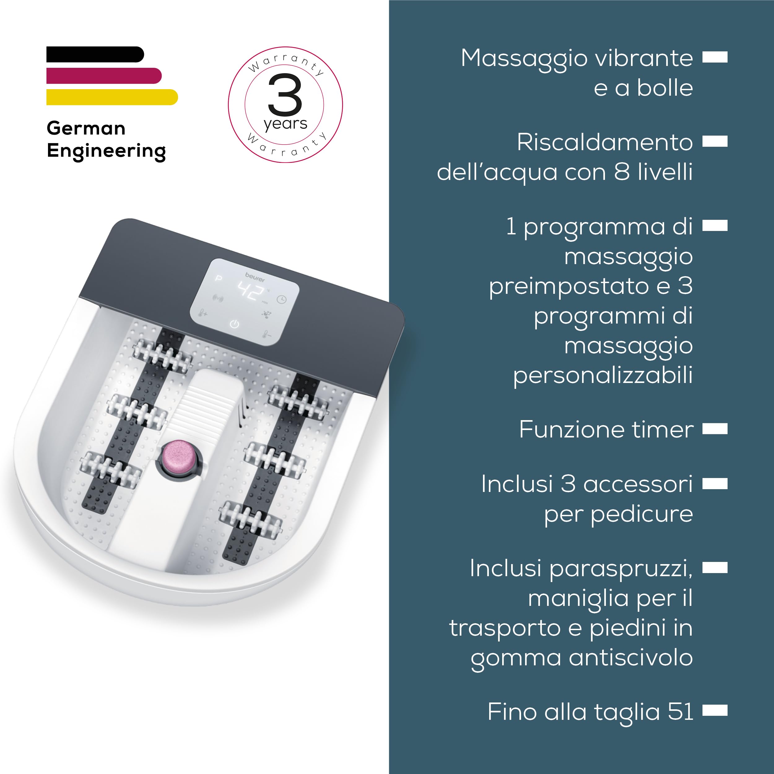 Beurer Foot Spa FB 60, Idromassaggiatore Plantare con Riscaldamento dell'Acqua, Idromassaggio, Massaggio Vibrante e 3 Zone di Temperatura