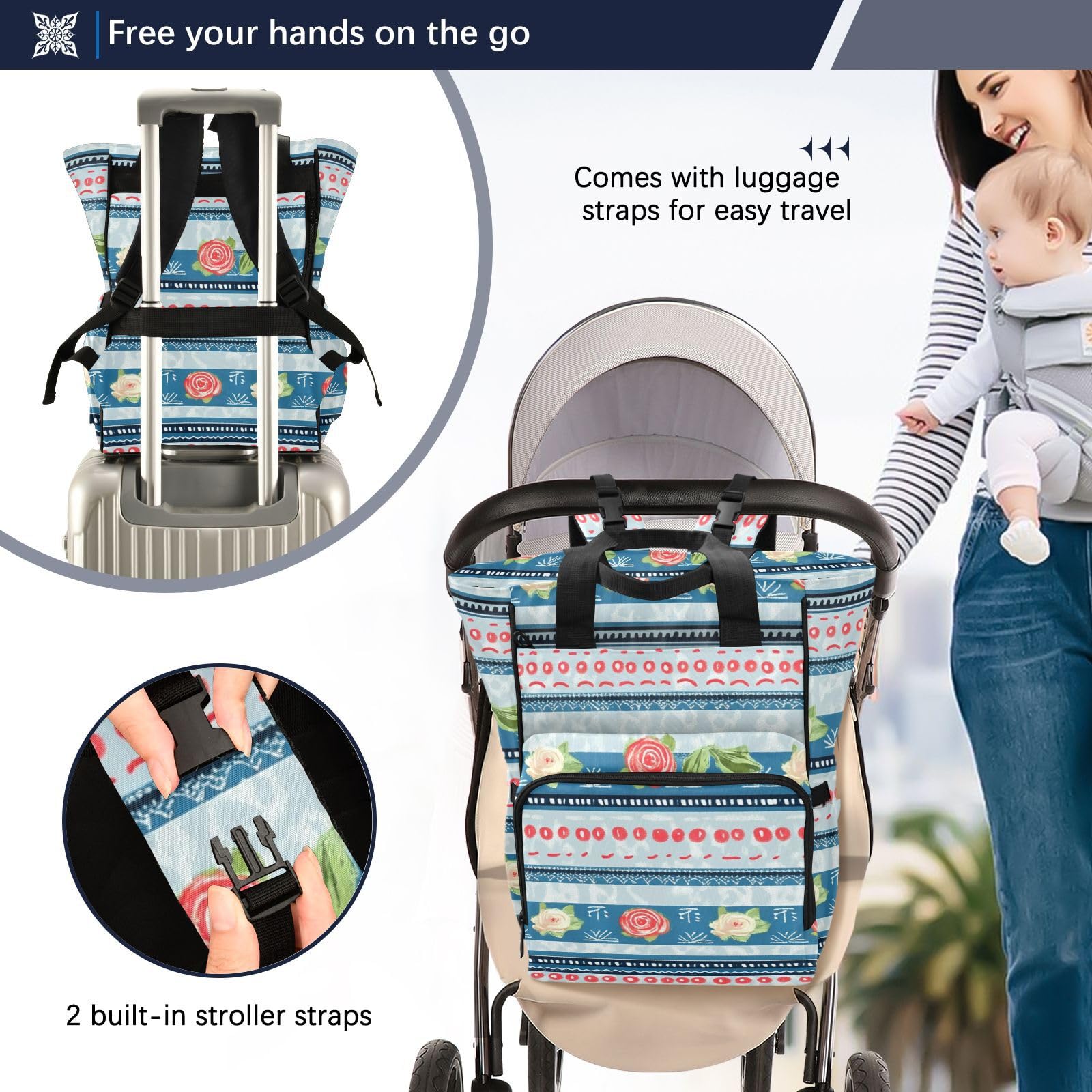 Baby Essentials torba na pieluchy retro róże krata niebieska