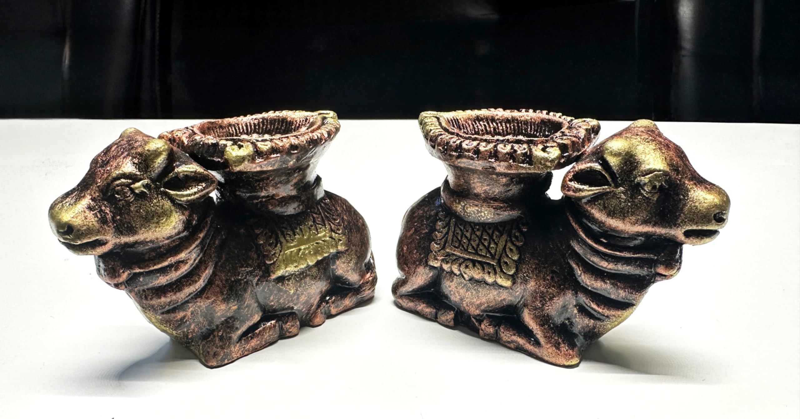 2 Pc Set Nandi/ Bull Decorated Clay Diya Wax Filled Dia for Diwali Puja Pooja Handmade | Terracotta Earthen Diya Handpainted Antique colors | Vilakku Oil Lamp | Natural Mitti Diya | Indian Gift.