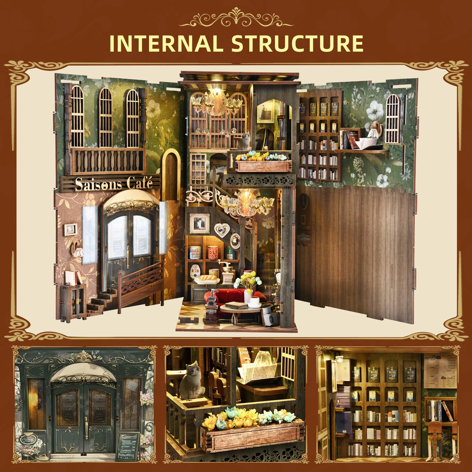 ๐ ๐ถ๐ป๐ถ๐๐ถ๐๐ Book Nook Kit, DIY Miniature Dollhouse Booknook Kit, 3D Wooden Puzzle Bookend Bookshelf Insert Decor with LED Light for Teens and Adults ()