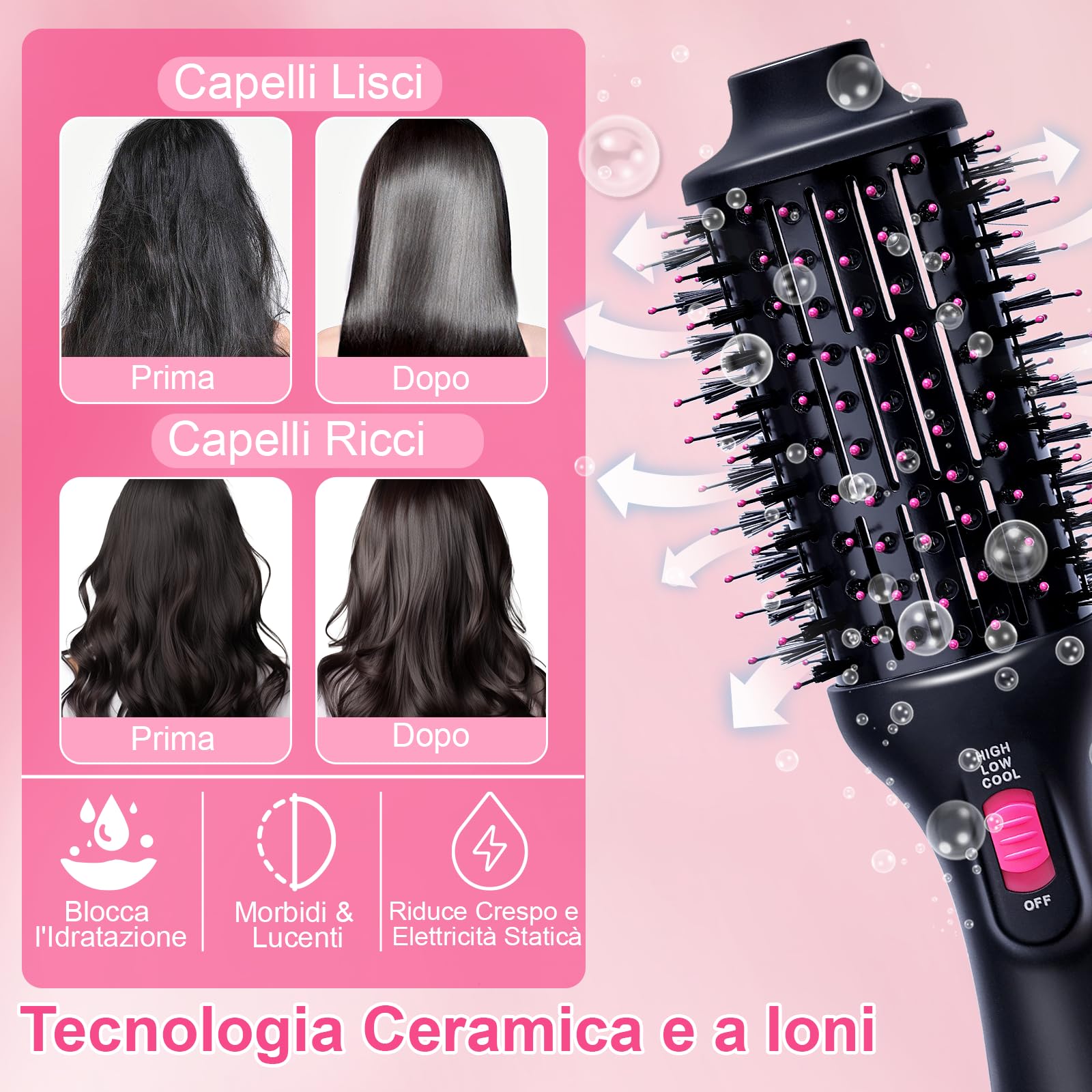 Spazzola ad Aria Calda, Spazzola Asciugacapelli 4 in 1, Spazzola Lisciante per Capelli per asciugatura, lisciatura, arricciatura e volume, Volume Capelli 3 Temperature e 2 Livelli di Flusso