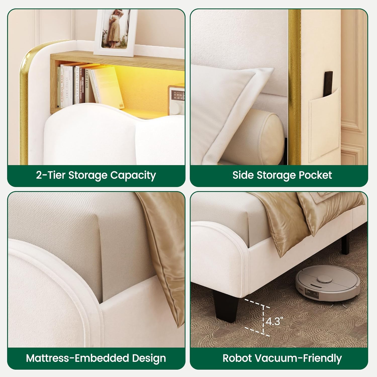 LARMACE King Size Bed Frame with LED Lights and Charging Station Velvet Upholstered Platform Bed Frame with Storage Headboard, No Box Spring Needed, Easy Assembly, White