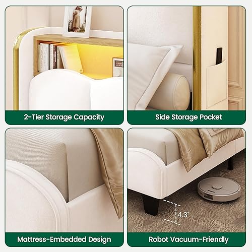 Miniatura 6 de LARMACE Base de cama tamaño Queen con luces LED y estación de carga, plataforma tapizada de terciopelo con cabecera de almacenamiento, no necesita