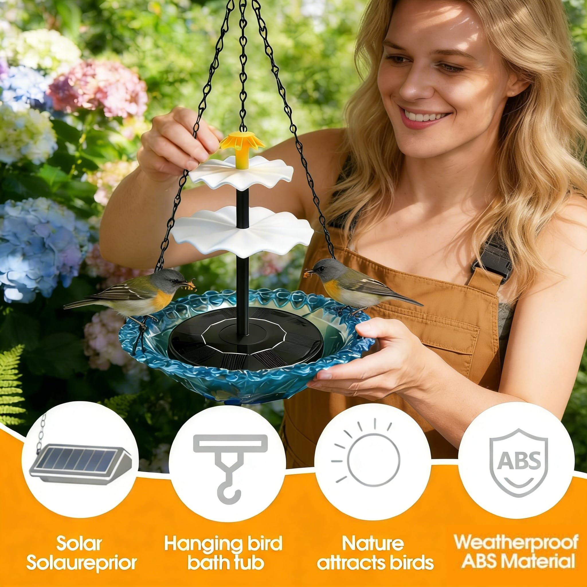 Solar Cascade Hanging Bird Bath Fountain - 9 Water Outlets for Soothing Stream Sound - Solar Powered Birdbath with 12" Large Bowl for Outdoor Garden Yard Decor & Hummingbird Attraction (Blue) — view 2